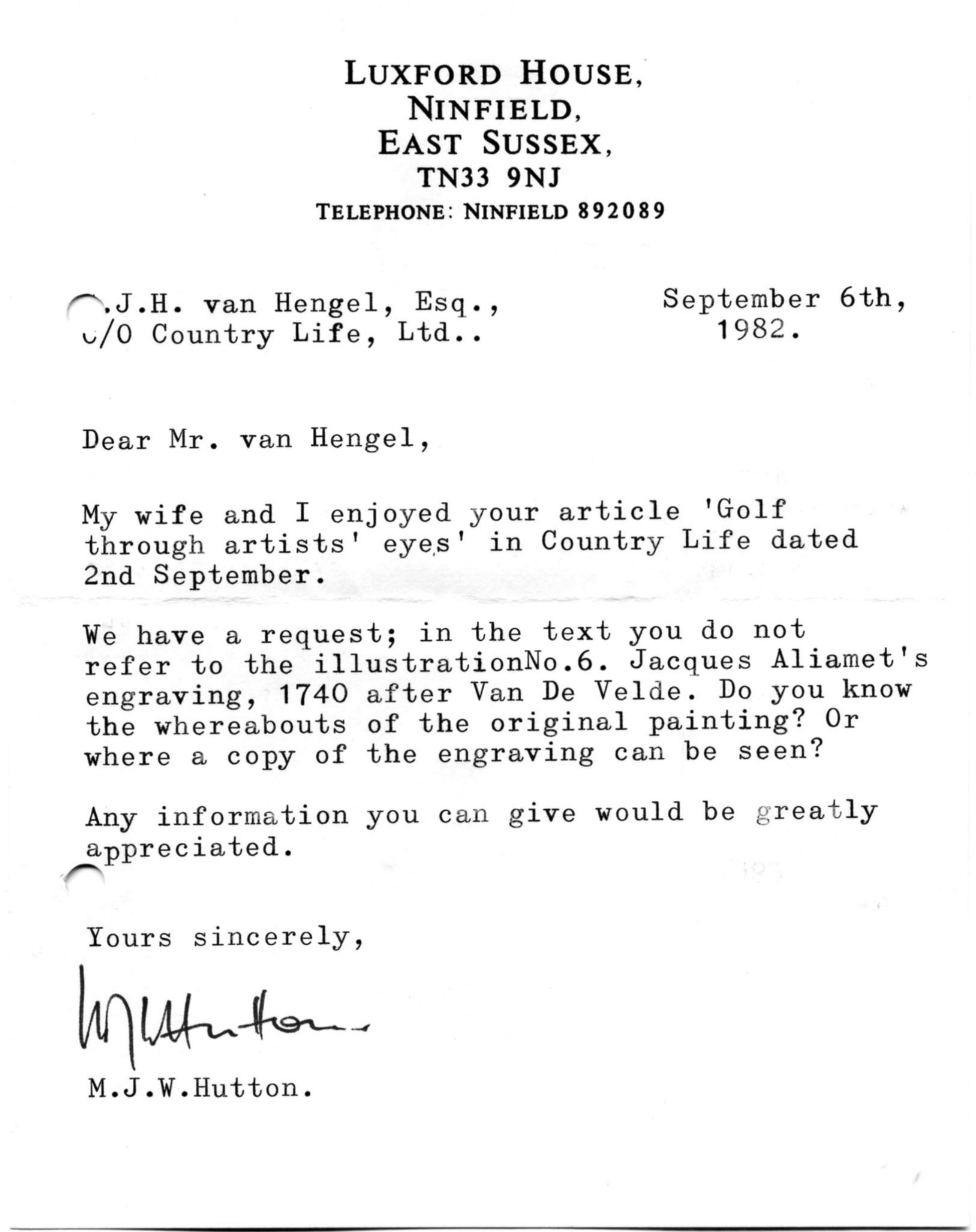 Correspondentie, Steven J.H. van Hengel met Martin J.W. Hutton, Jacques Aliamet. 1982