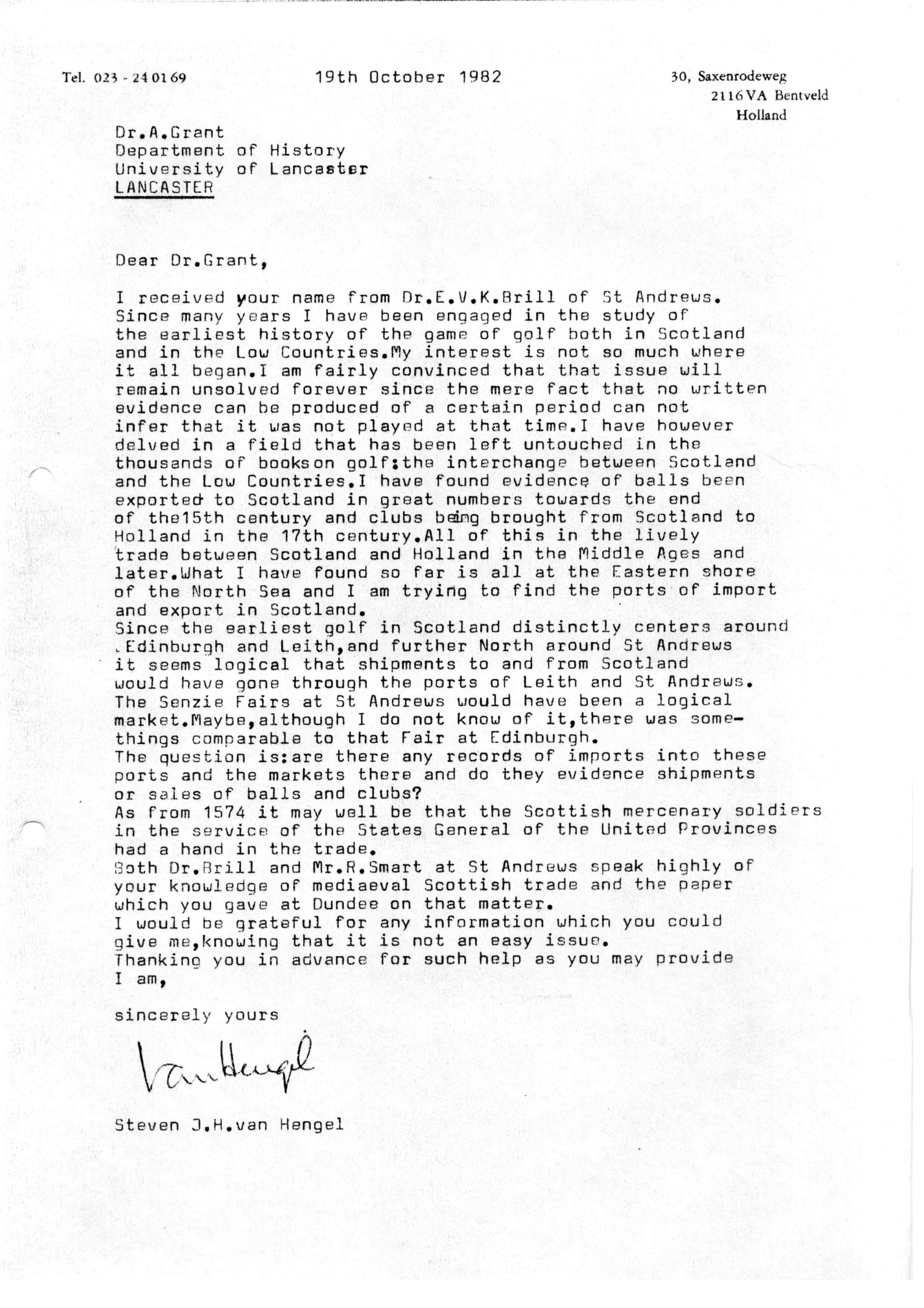 Correspondentie, Steven J.H. van Hengel aan University of Lancaster (History). 1982