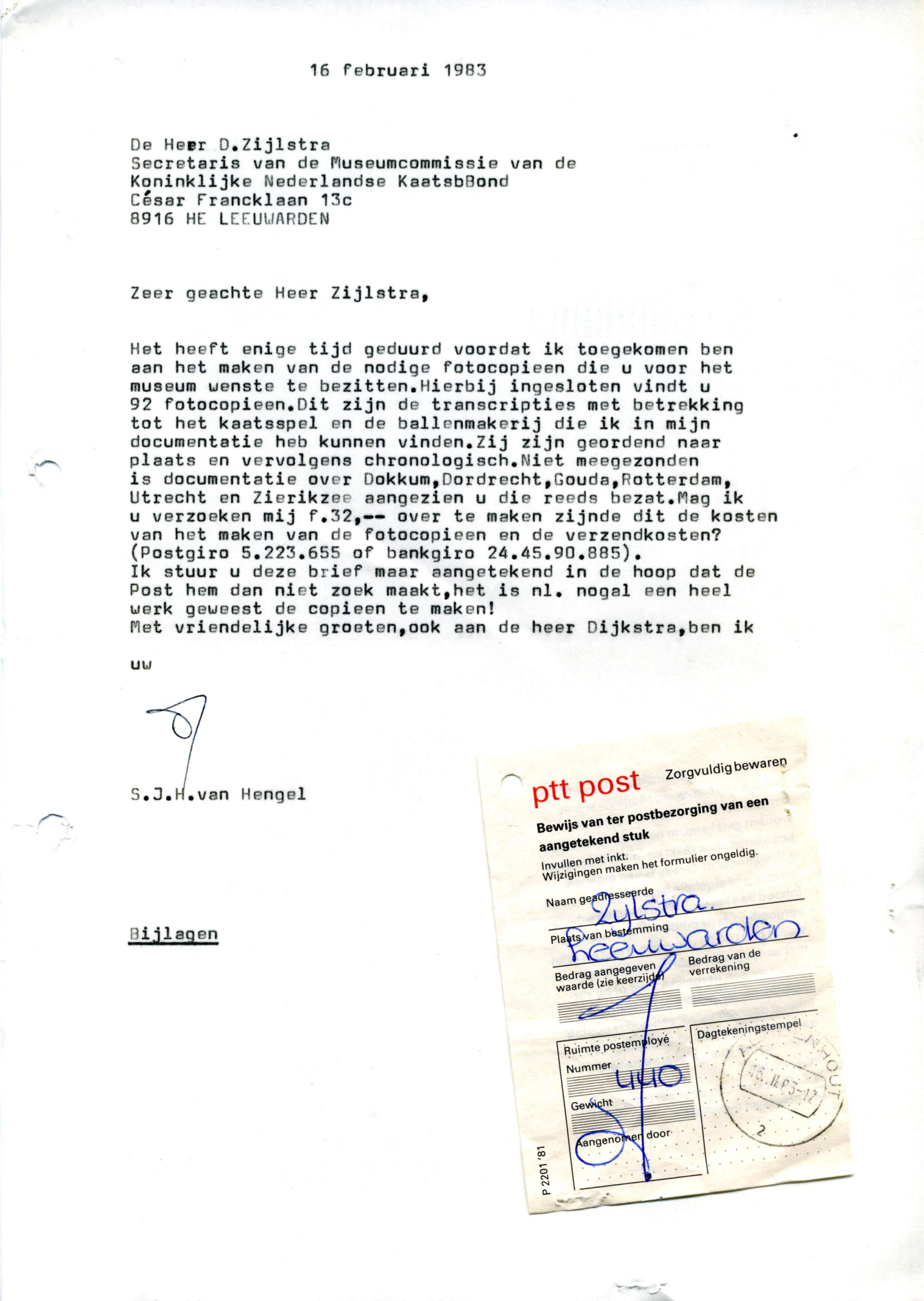Correspondentie, Steven J.H. van Hengel met Kaatsbond, Vlieland. 1983