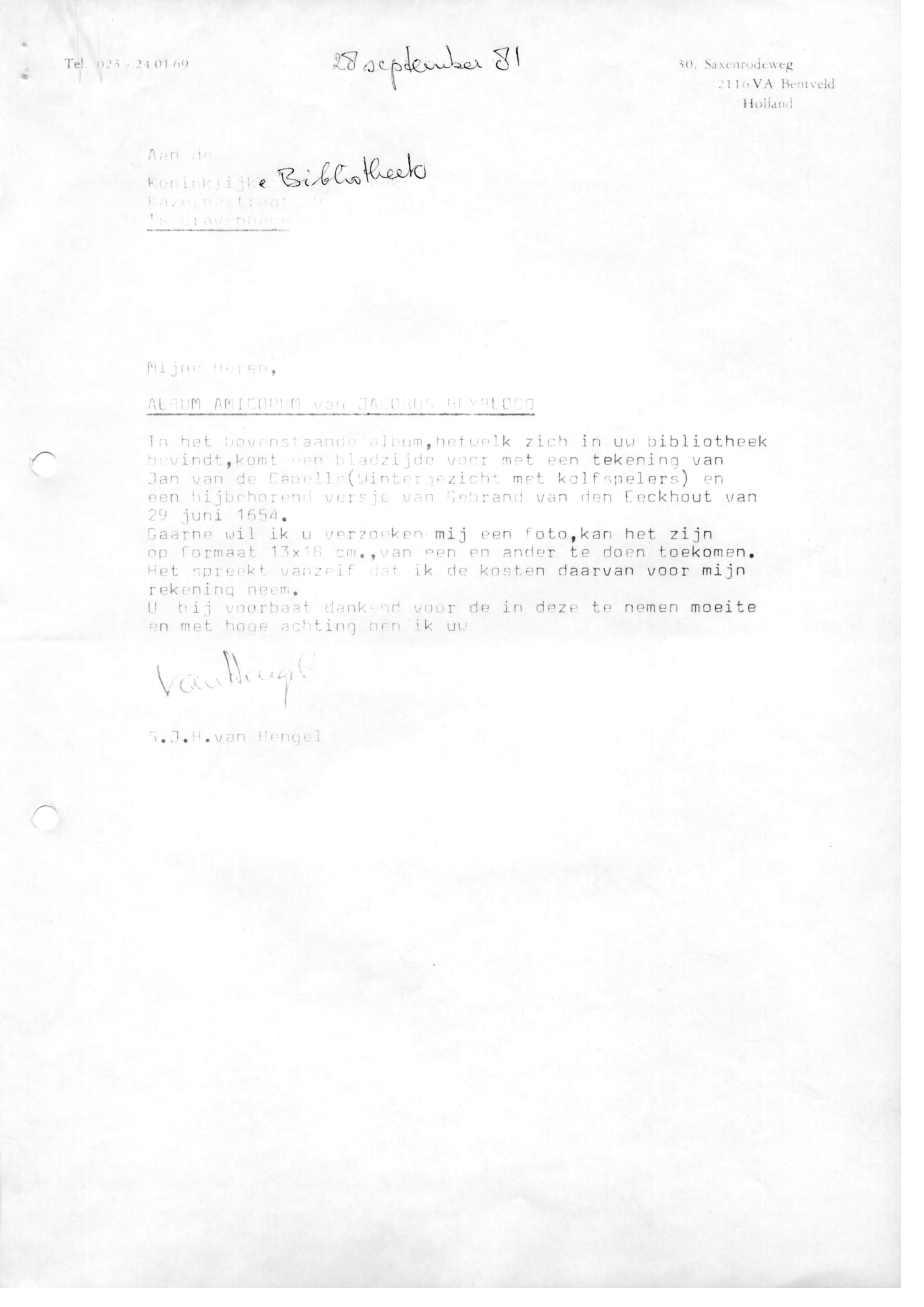 Correspondentie, Steven J.H. van Hengel aan Koninklijke Bibliotheek, Jacques Heyblock. 1981