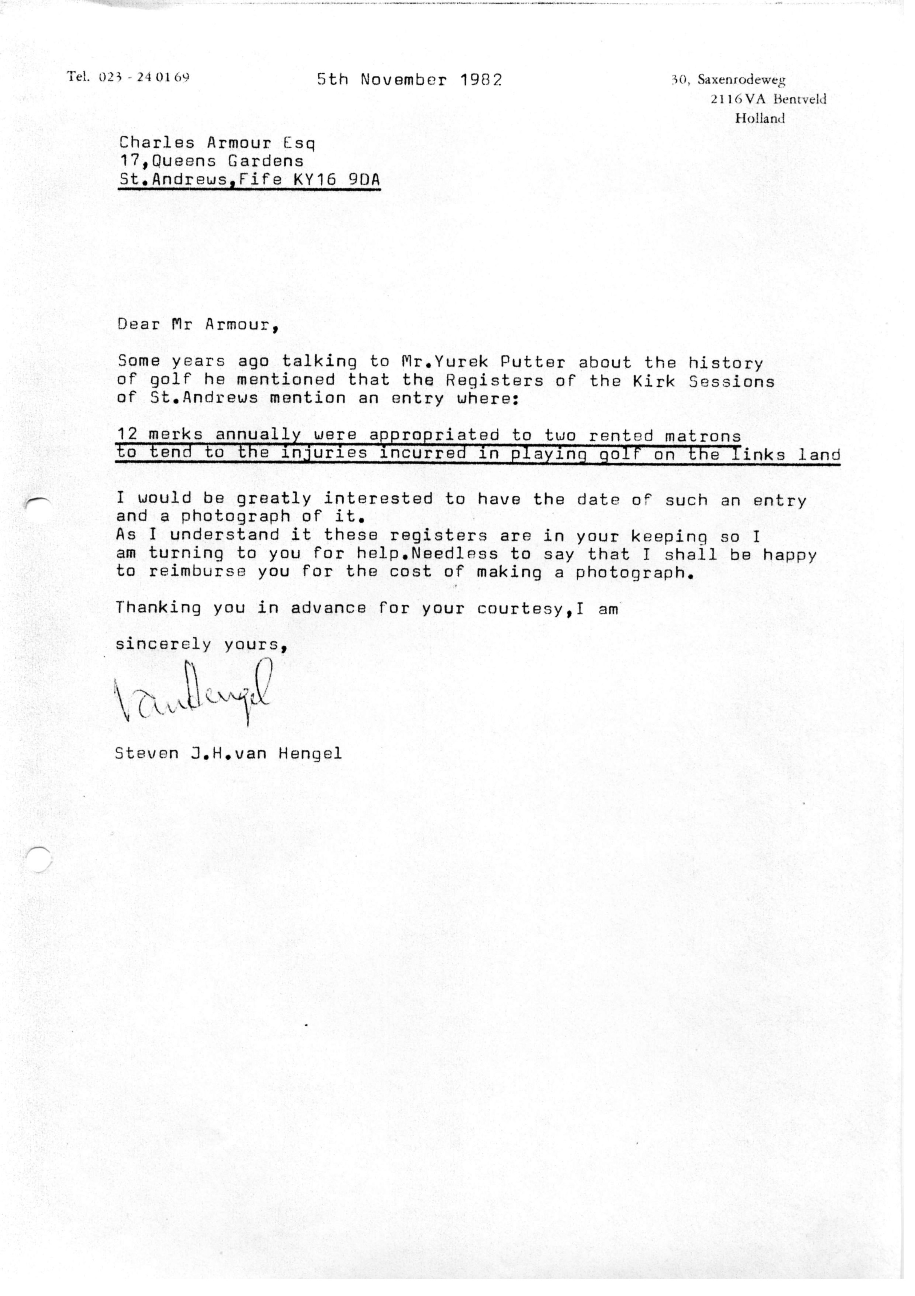 Correspondentie, Steven J.H. van Hengel aan Charles Armour, Kirk Sessions. 1982