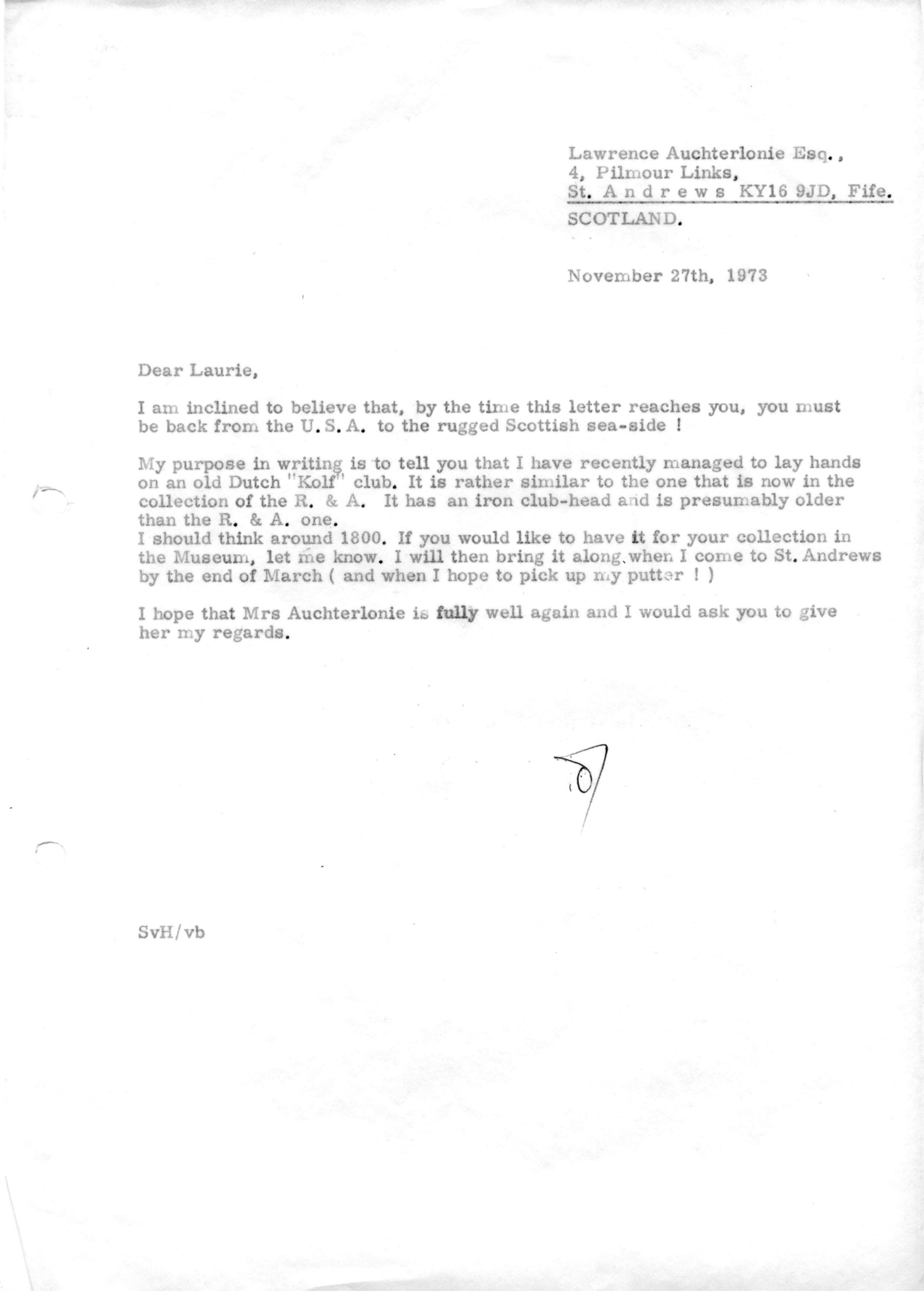Correspondentie, Steven J.H. van Hengel aan Lawrence Anchterlonie, Kolf club. 1973