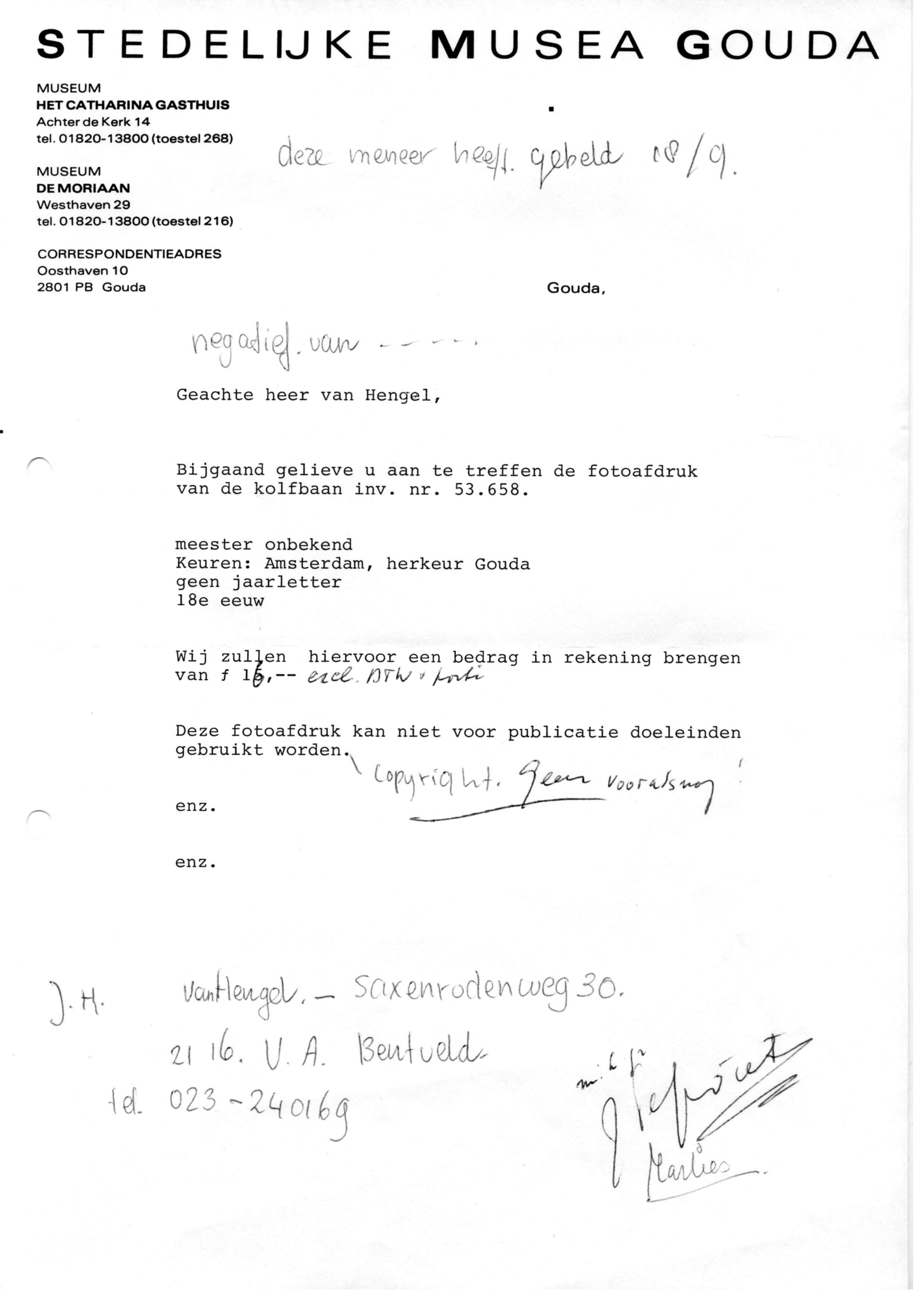 Correspondentie, Steven J.H. van Hengel met Museum Gouda, zilveren miniatuur kolfbaan. 1980