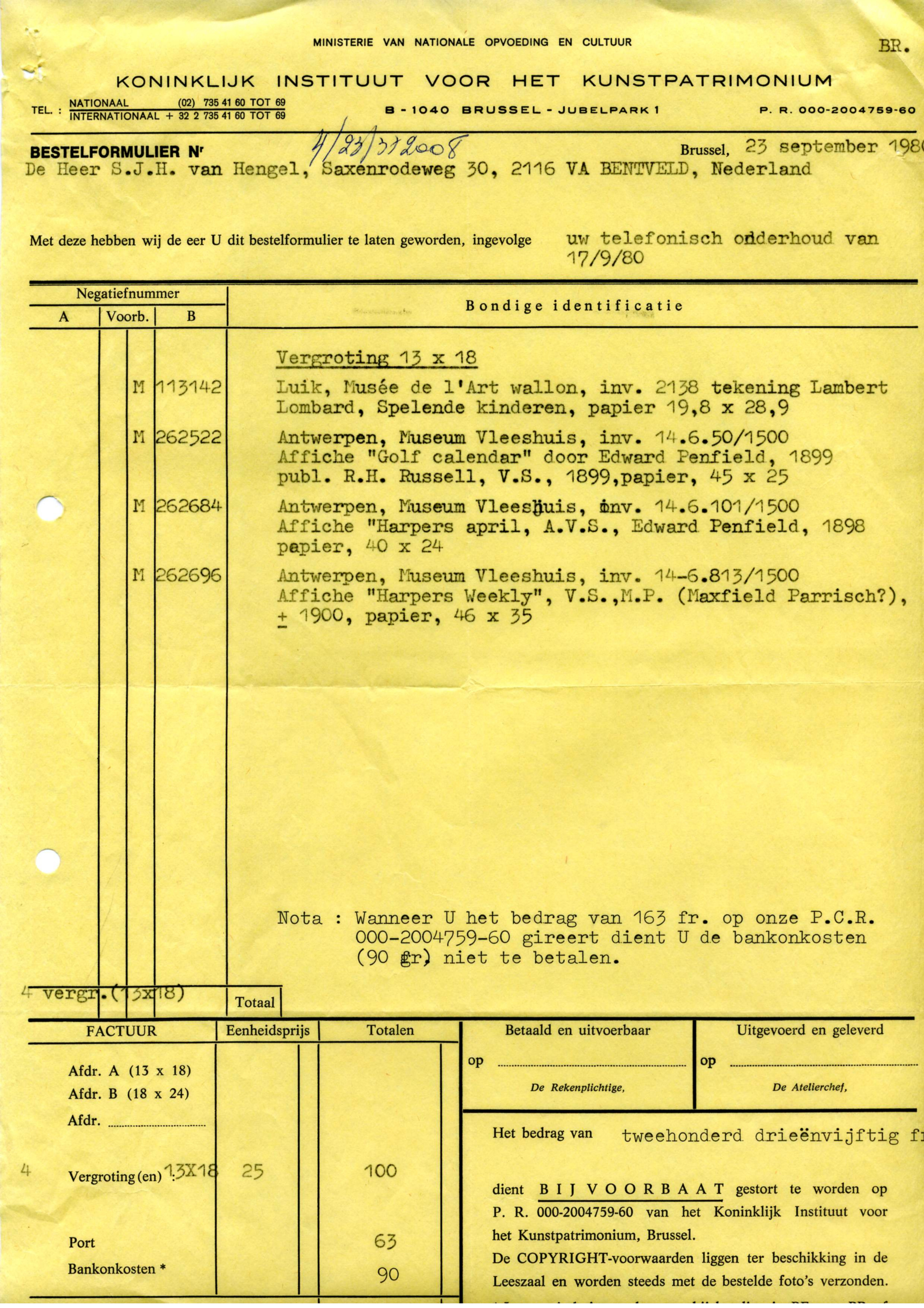 Correspondentie, Steven J.H. van Hengel met Kunstpatrimonium, Brussel. 1980
