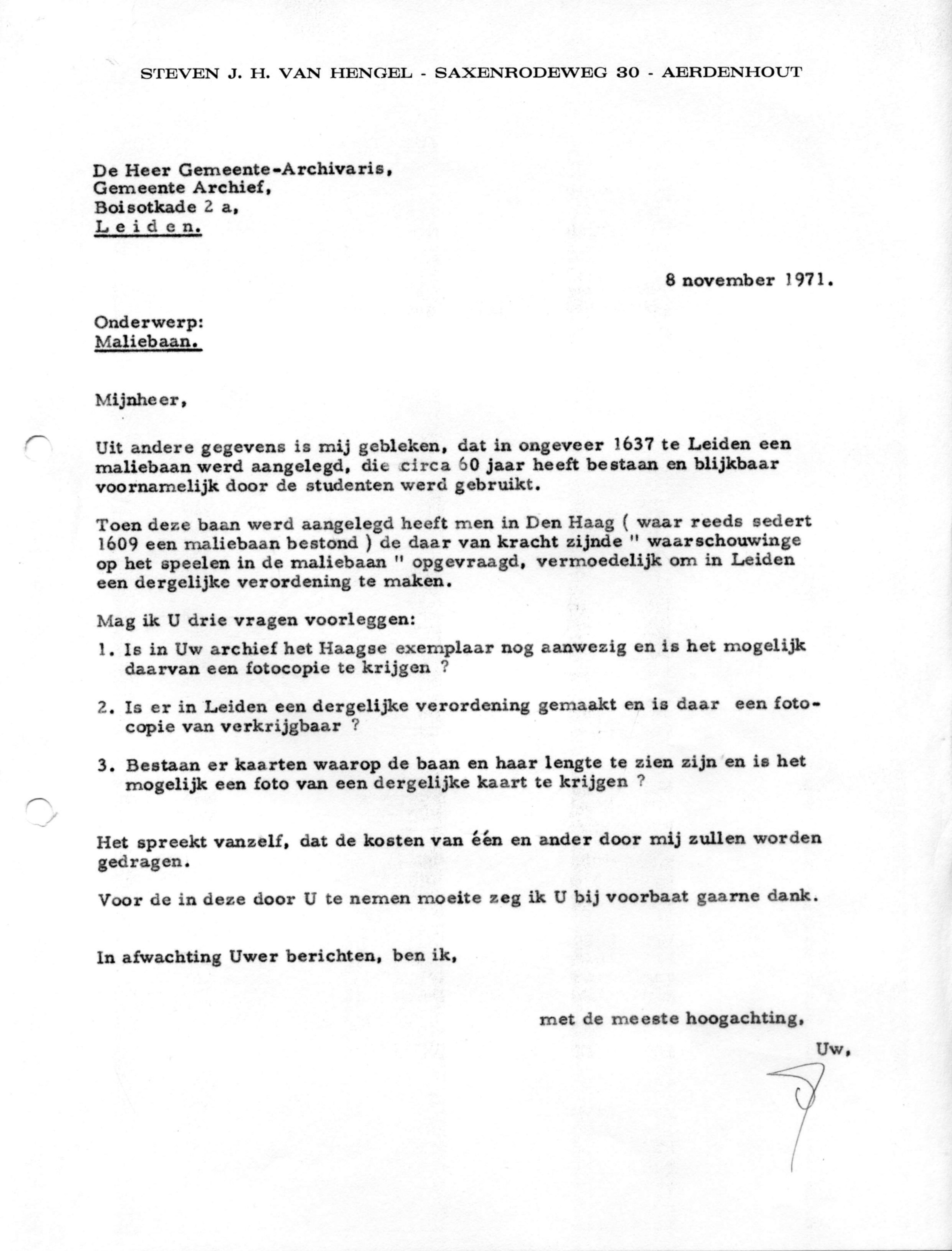 Correspondentie, Steven J.H. van Hengel aan Archief Leiden. 1971