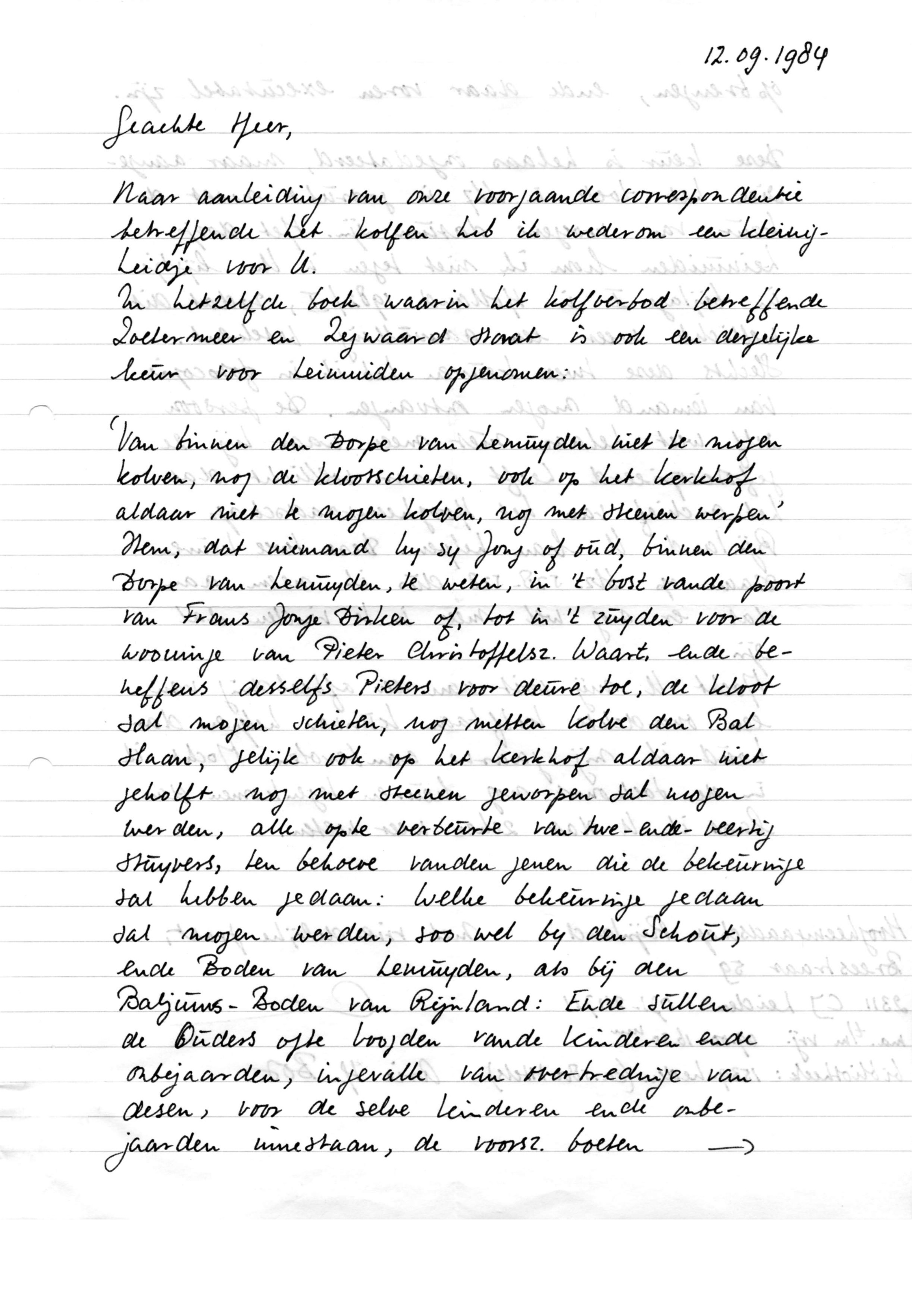 Correspondentie, Steven J.H. van Hengel met Arie H. Bos, Keur Leimuiden. 1984