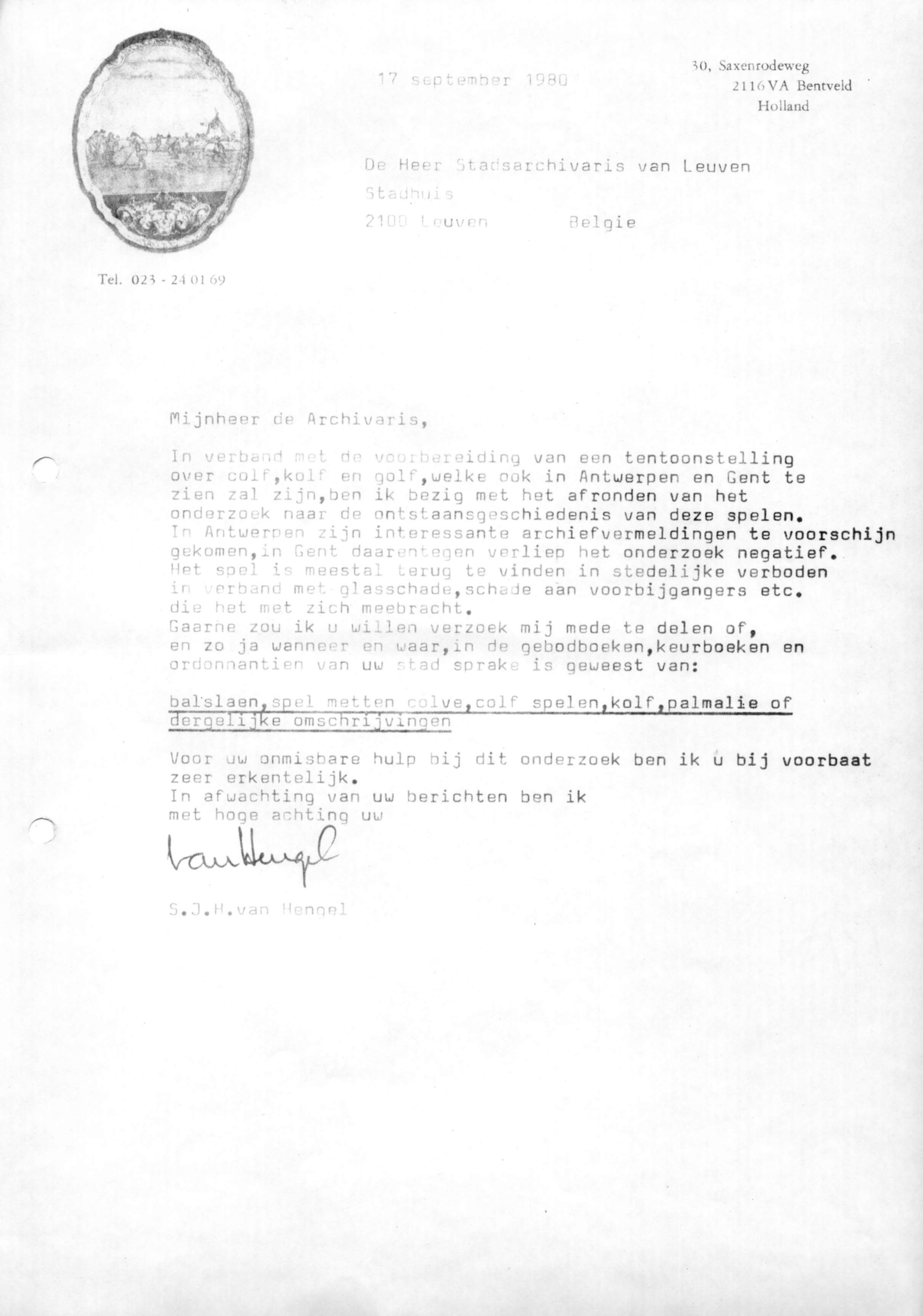 Correspondentie, Steven J.H. van Hengel met Archief Leuven. 1980
