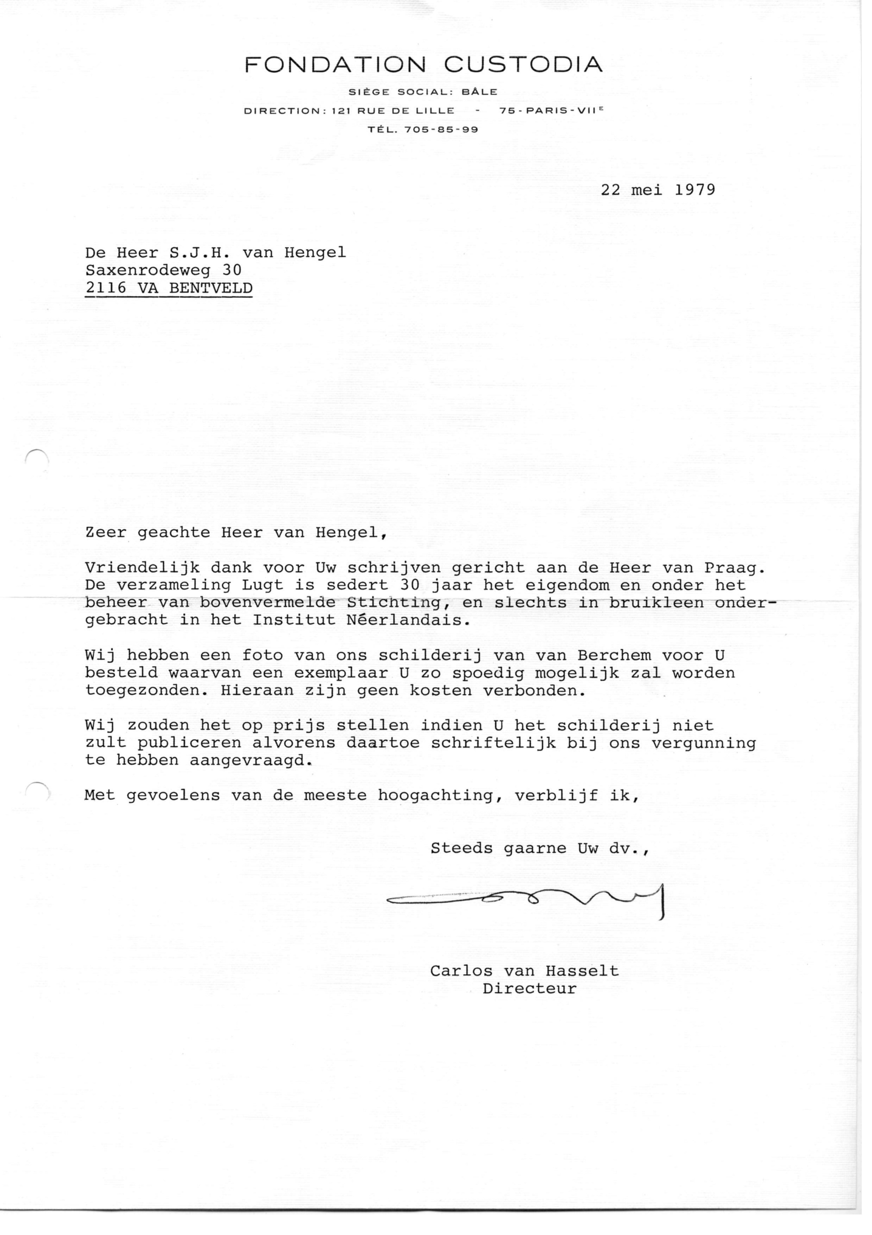 Correspondentie, Steven J.H. van Hengel met Fondation Custodia. 1979
