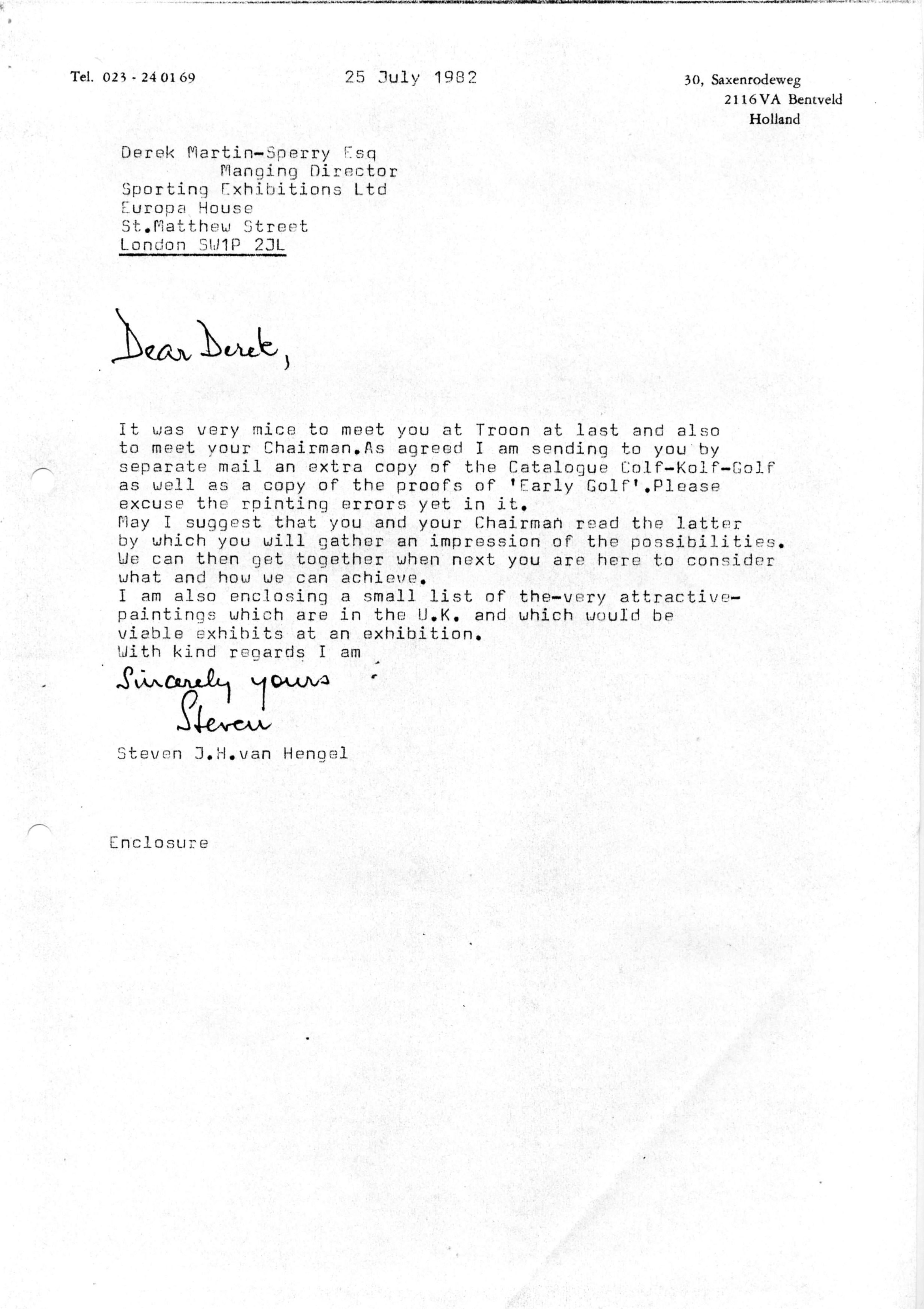 Correspondentie, Steven J.H. van Hengel met Golfex, Derek Martin-Sperry, List of Colf Paintings in Great Britain. 1982