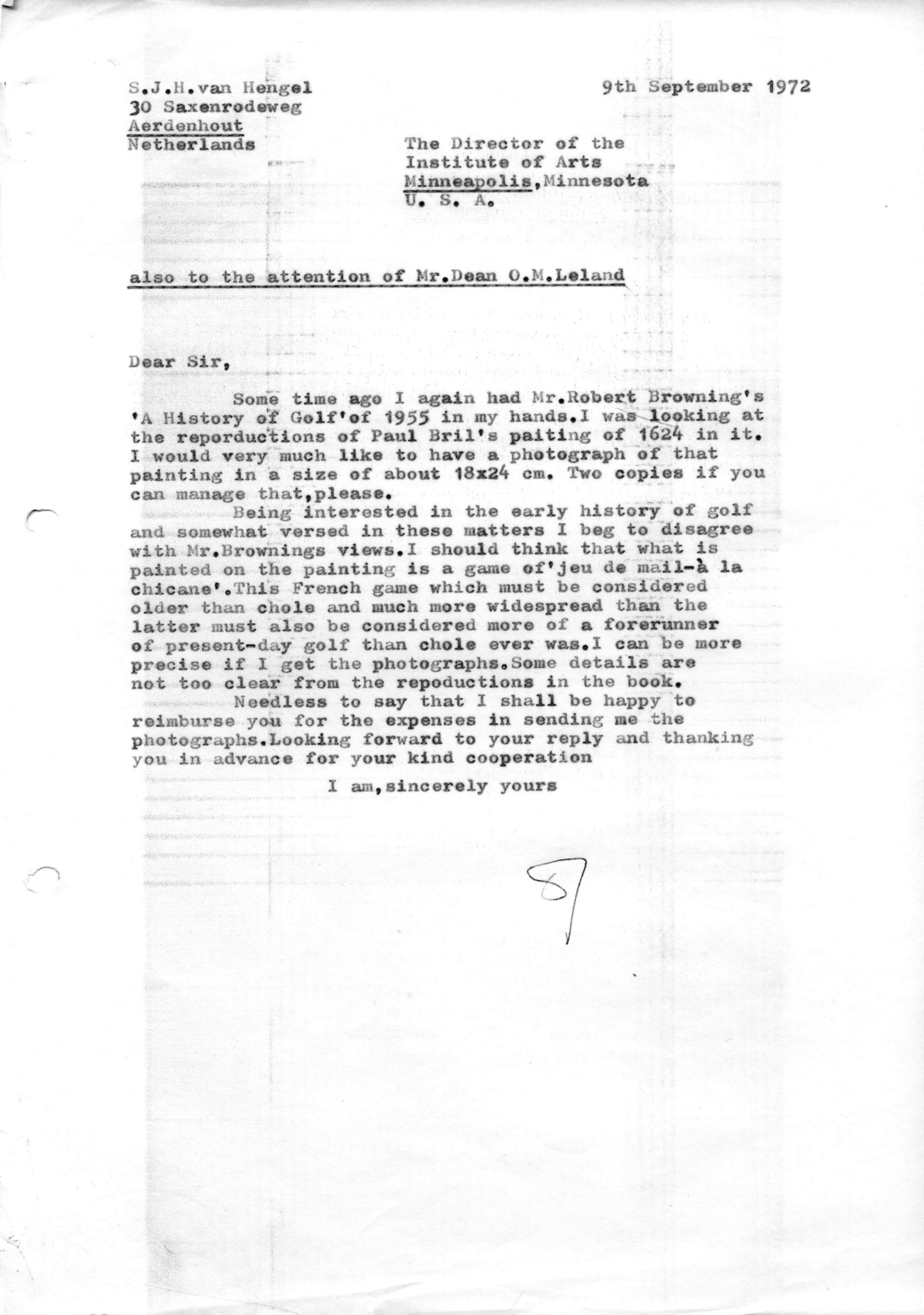 Correspondentie, Steven J.H. van Hengel met Minneapolis Institute of Arts. 1972