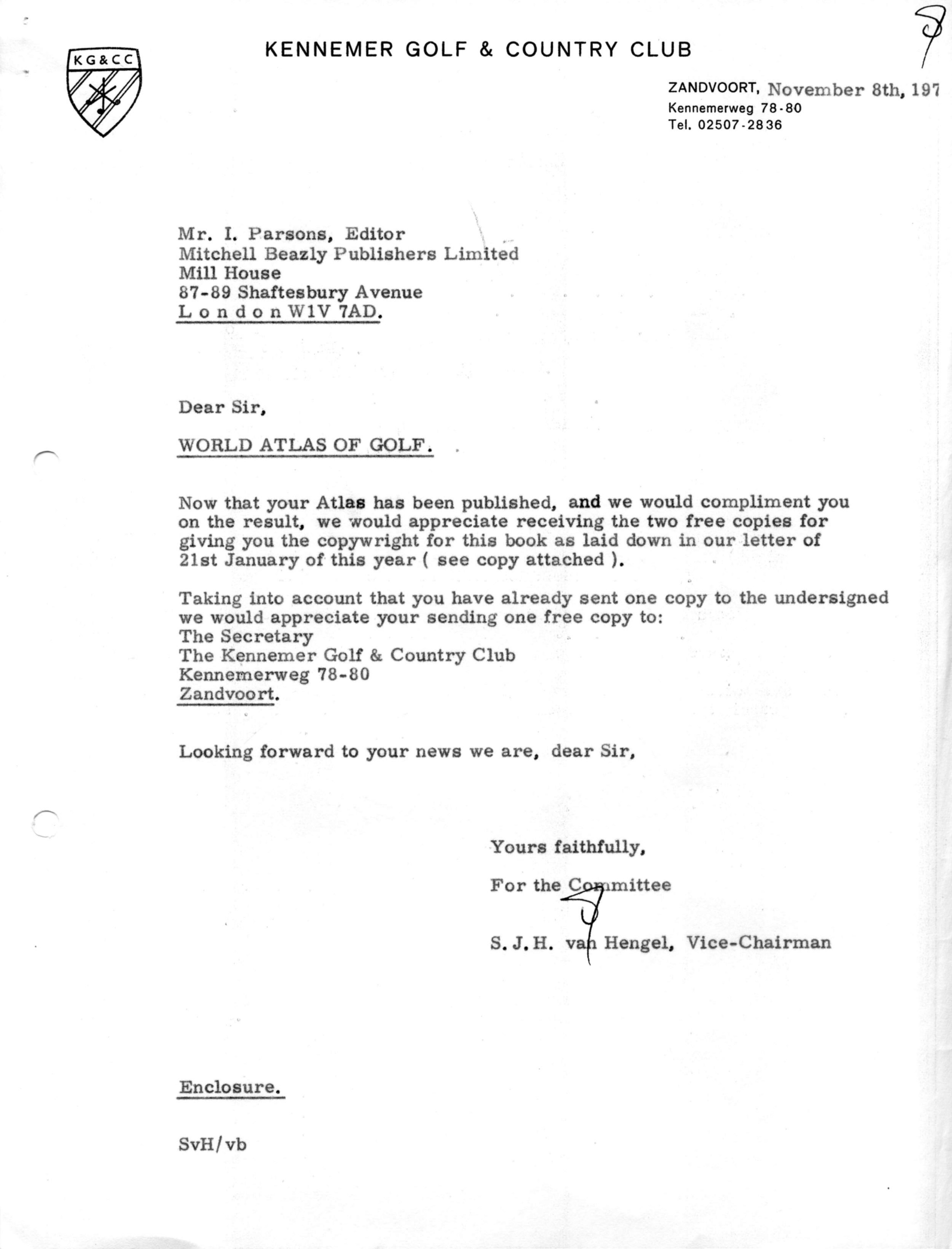 Correspondentie, Kennemer Golf & Country Club aan Mitchell Beazly Publishers, World Atlas of Golf. 1976