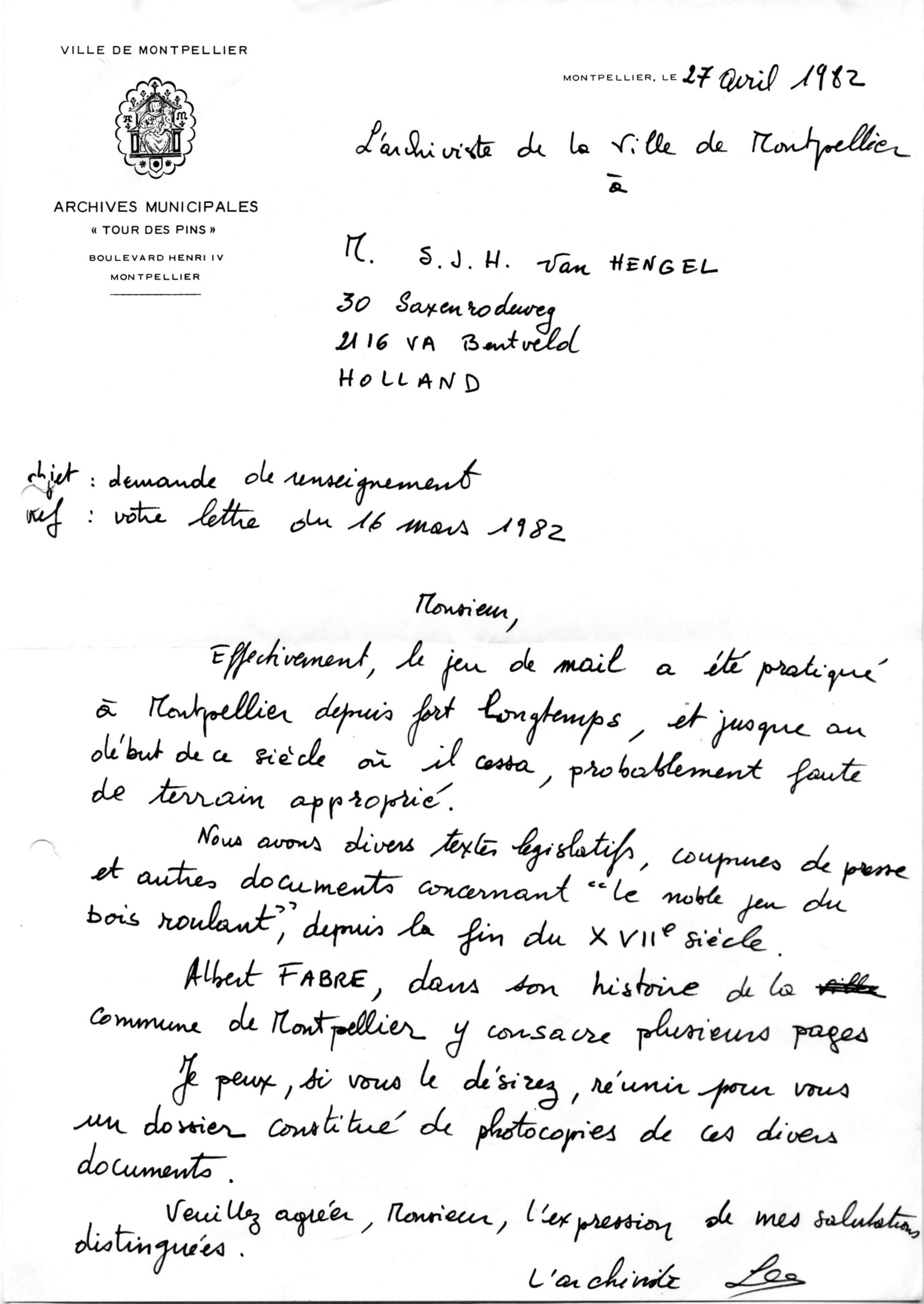 Correspondentie, Steven J.H. van Hengel met Archief Montpellier. 1982