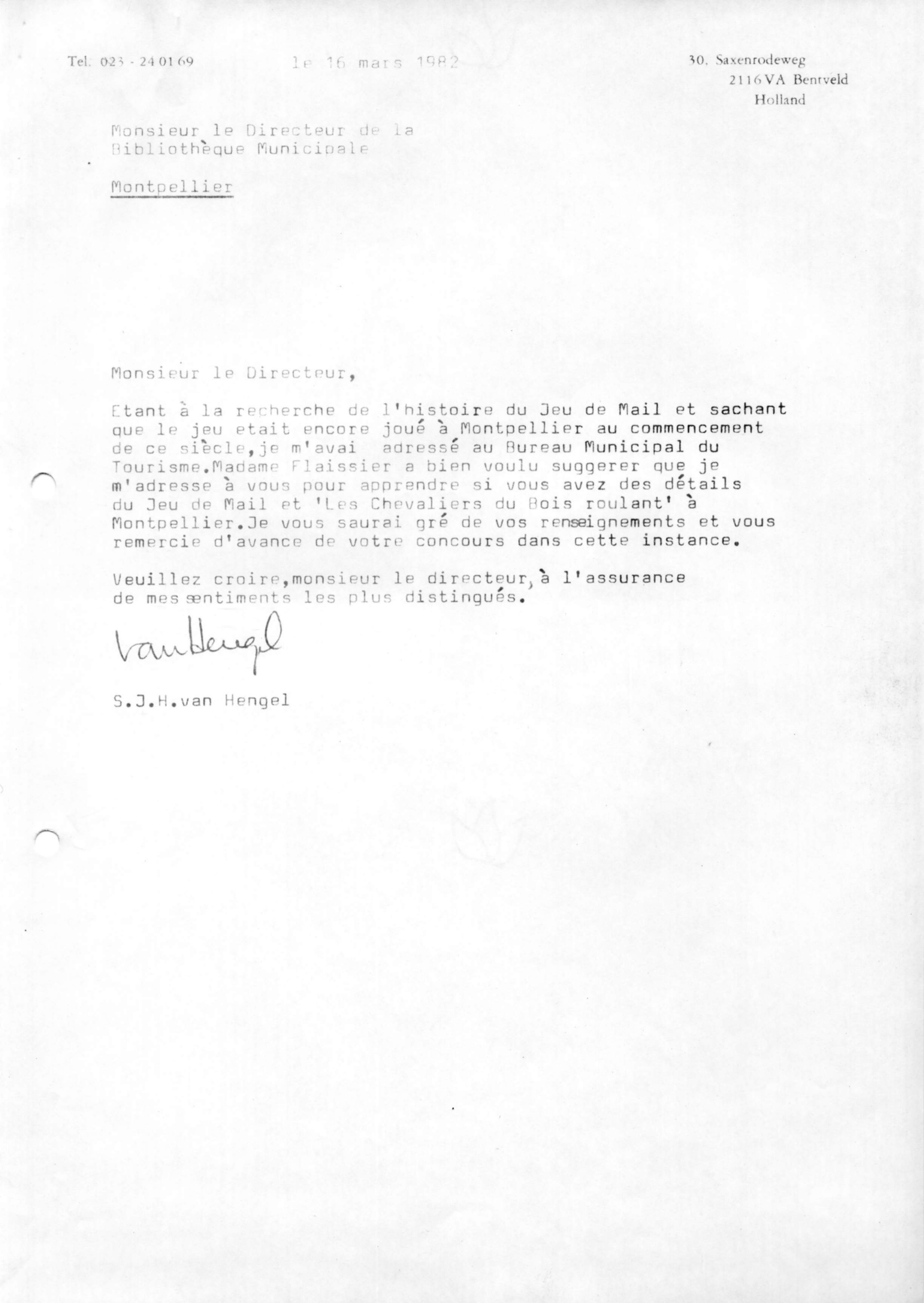 Correspondentie, Steven J.H. van Hengel met Bibliotheek Montpellier. 1982