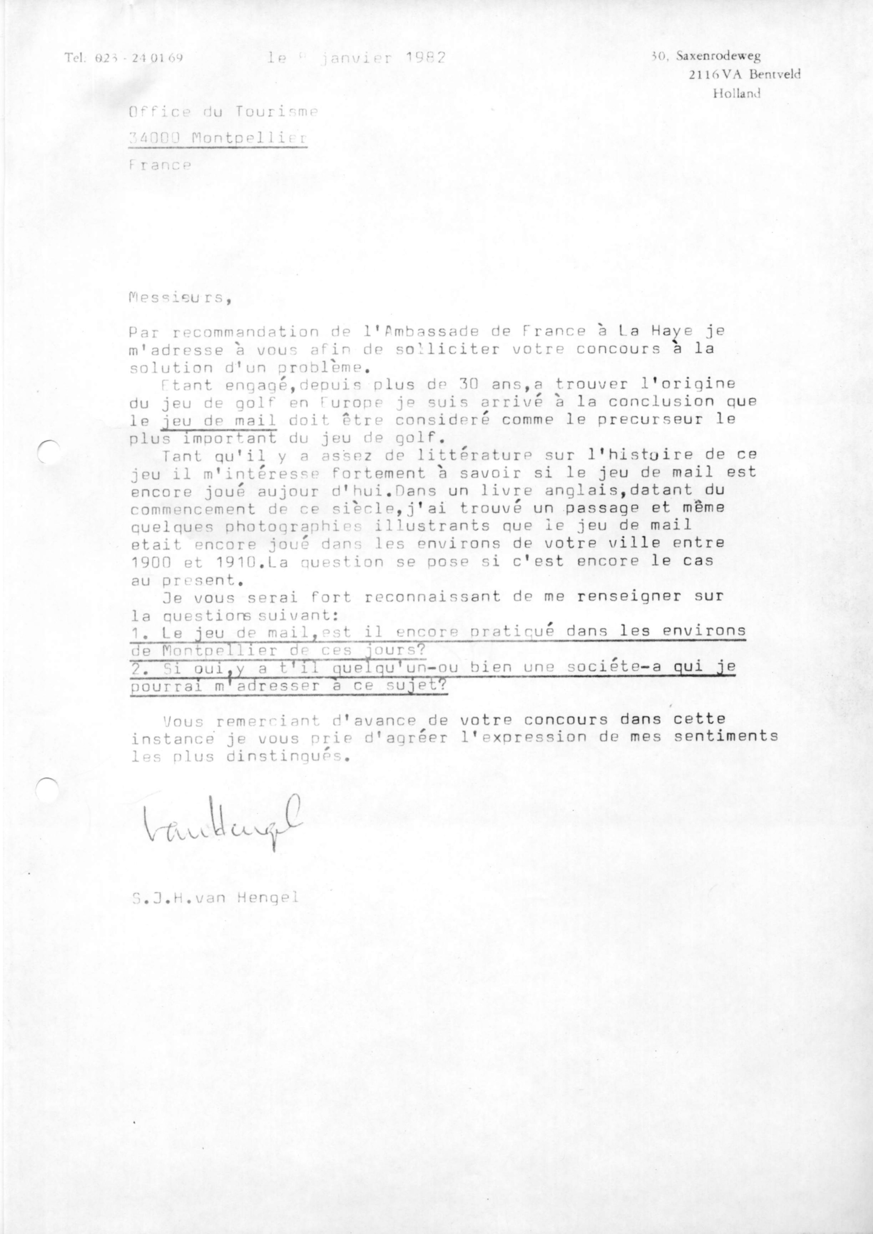 Correspondentie, Steven J.H. van Hengel met Bureau du Tourisme, Montpellier. 1982