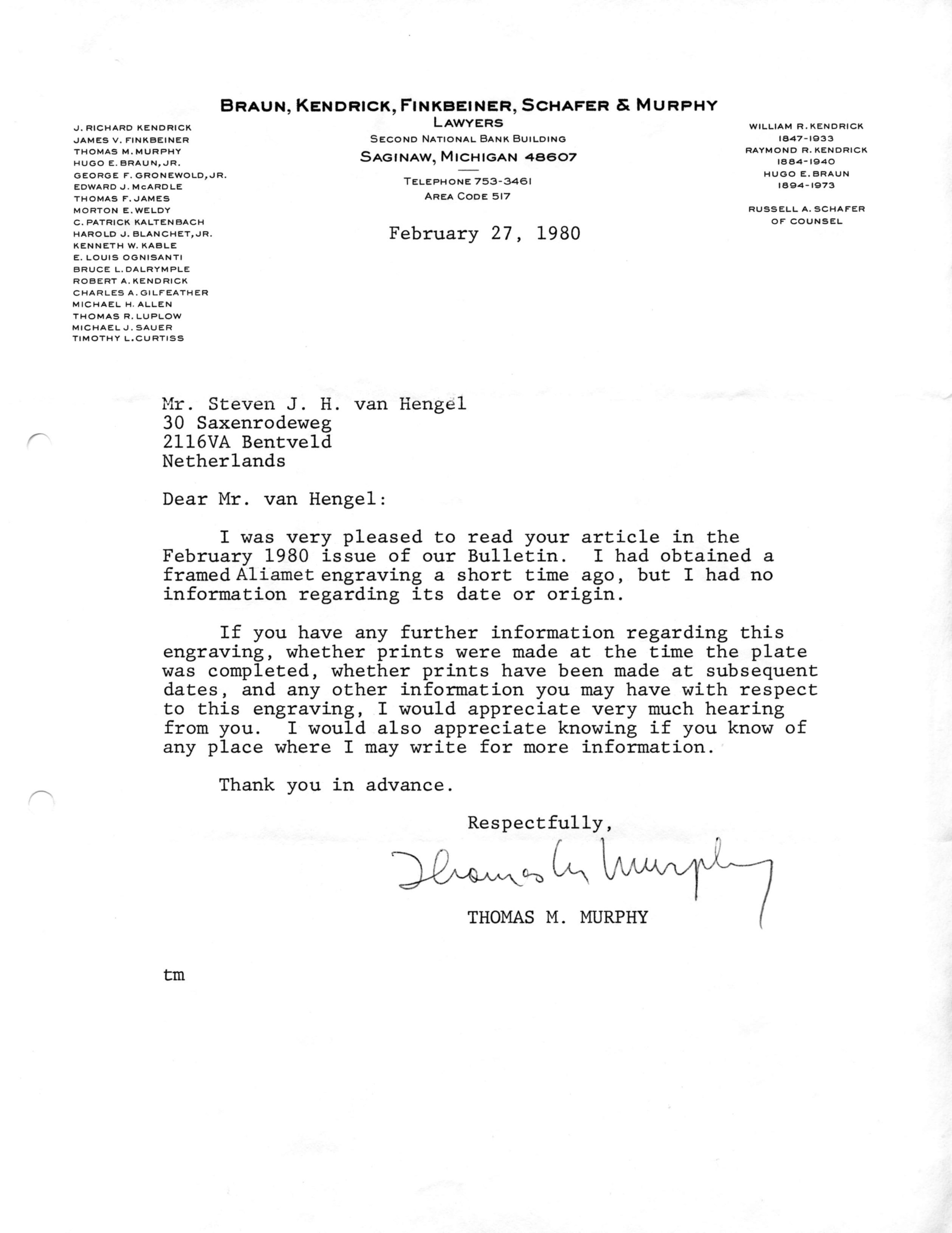 Correspondentie, Steven J.H. van Hengel met Thomas M. Murphy, Jacques Aliamet. 1980