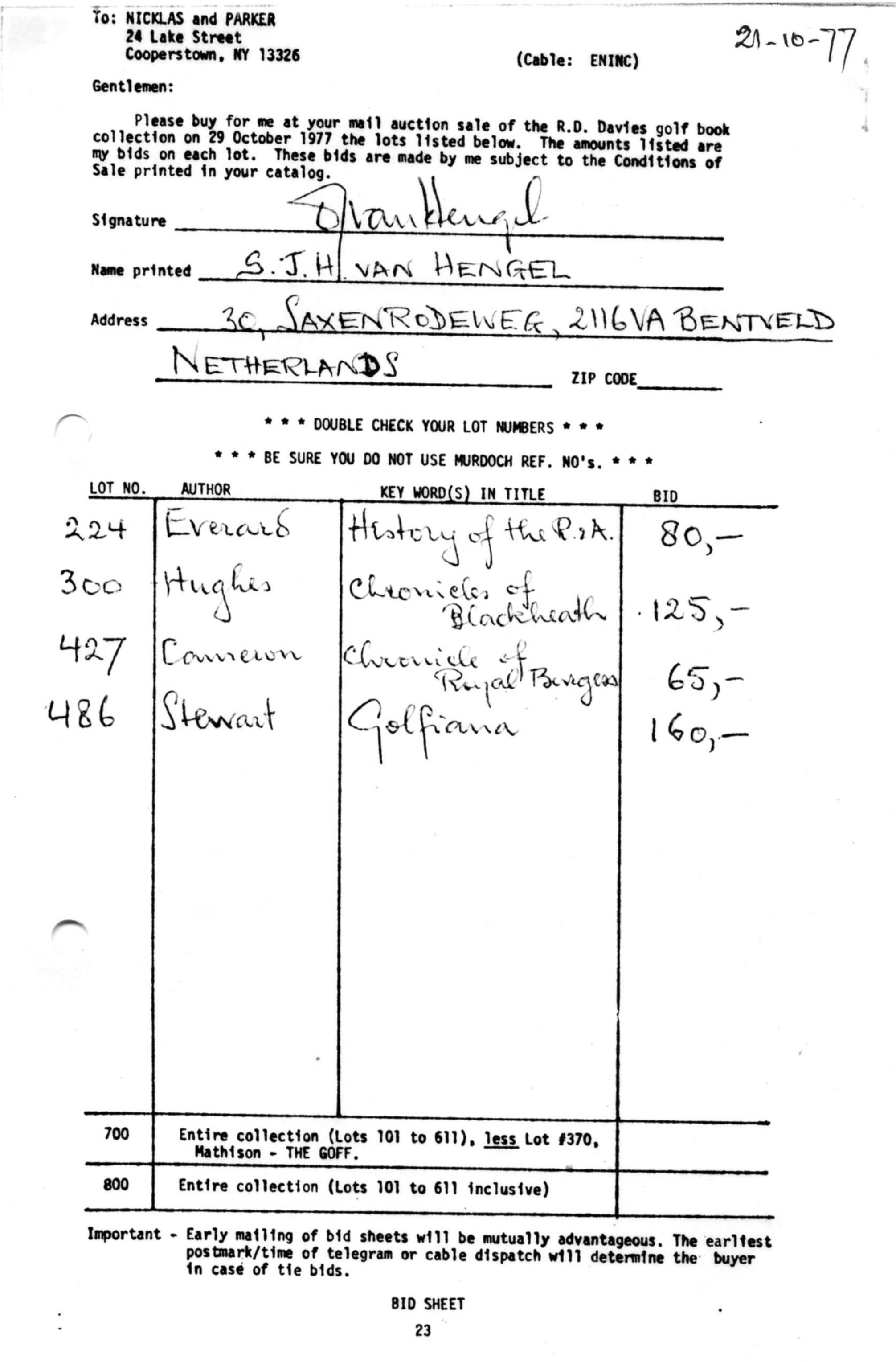 Correspondentie, Steven J.H. van Hengel met Nicklas and Parker. 1977-1979