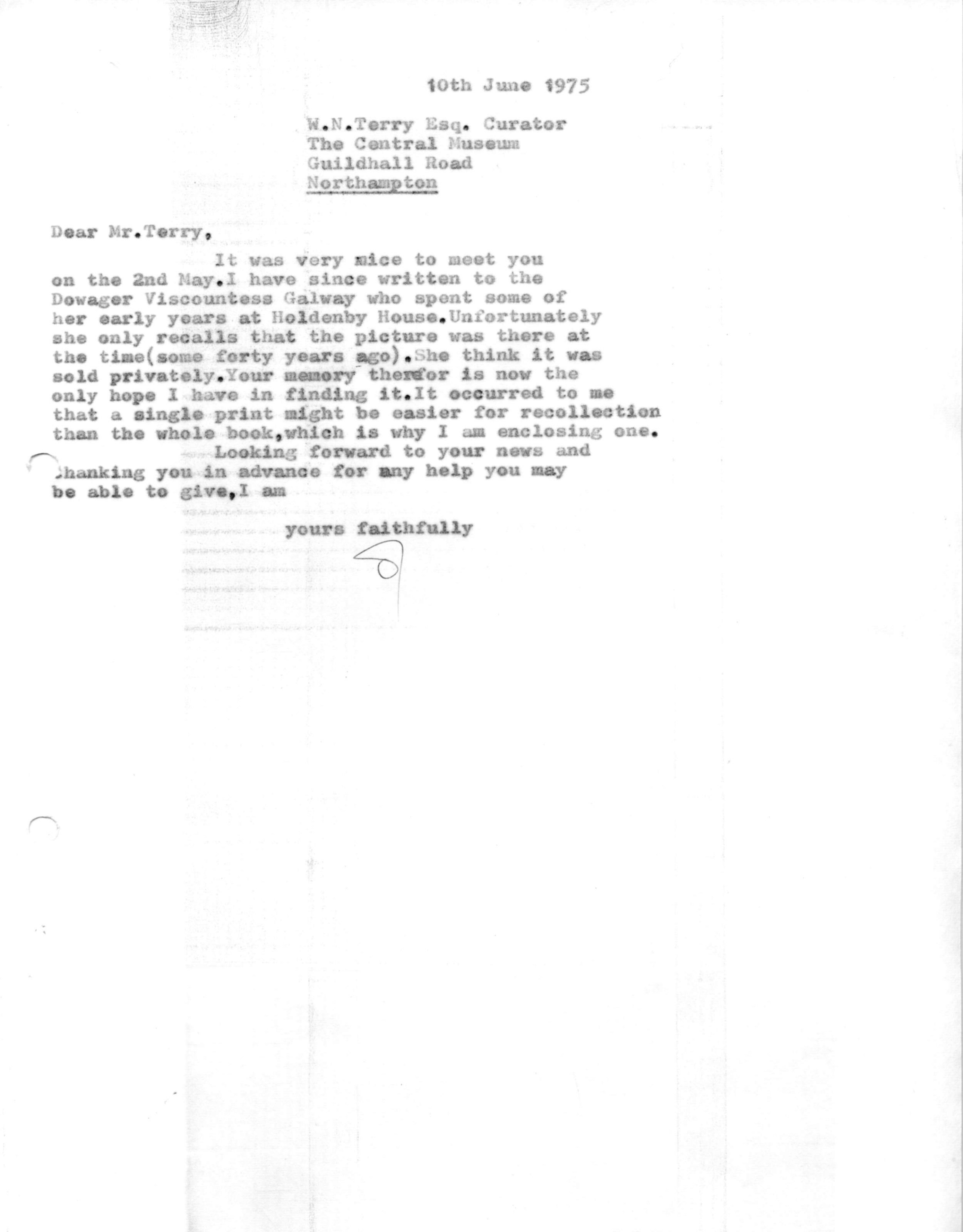 Correspondentie, Steven J.H. van Hengel aan Museum Northampton. 1975