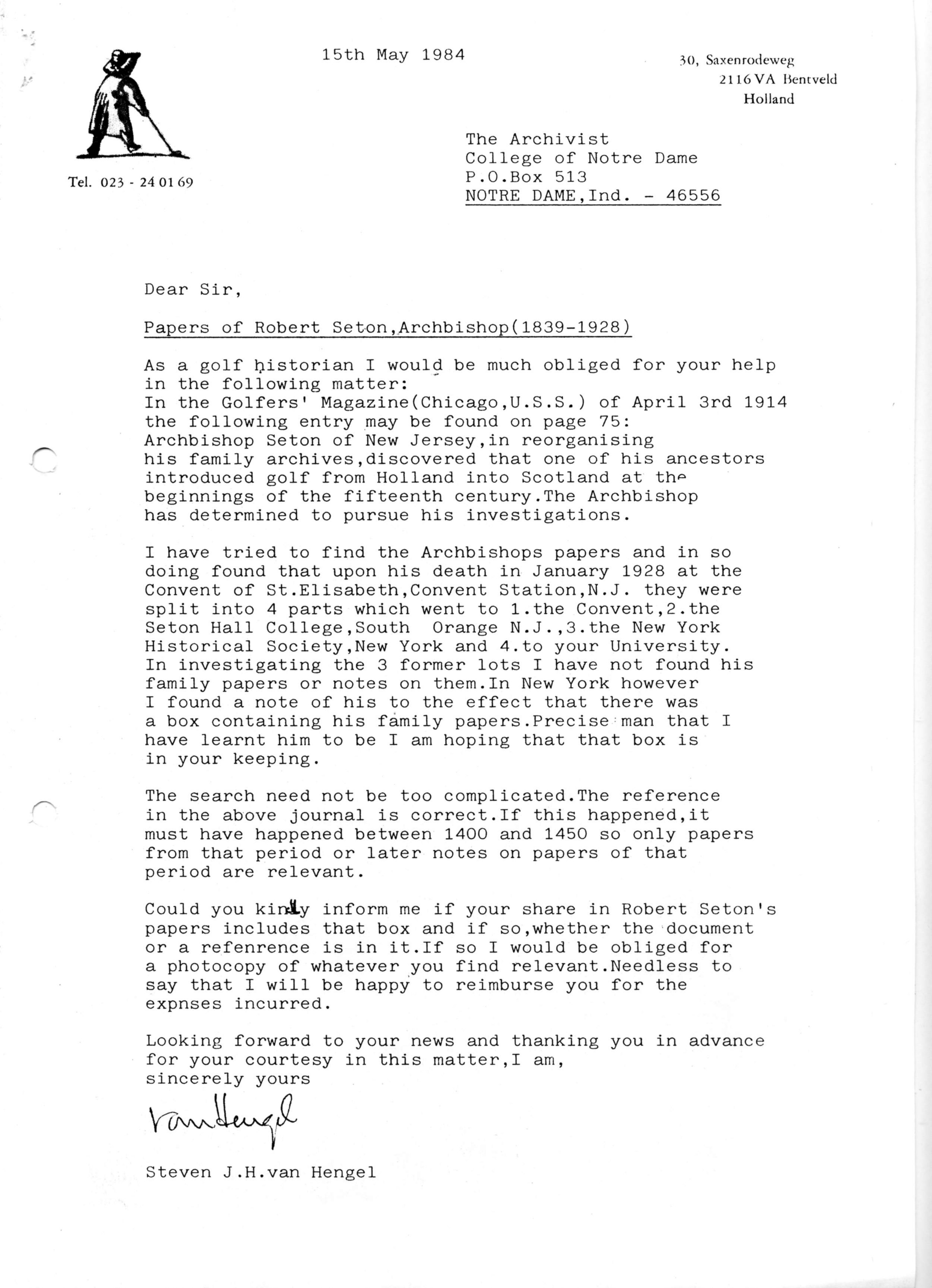 Correspondentie, Steven J.H. van Hengel met University Notre Dame. 1984