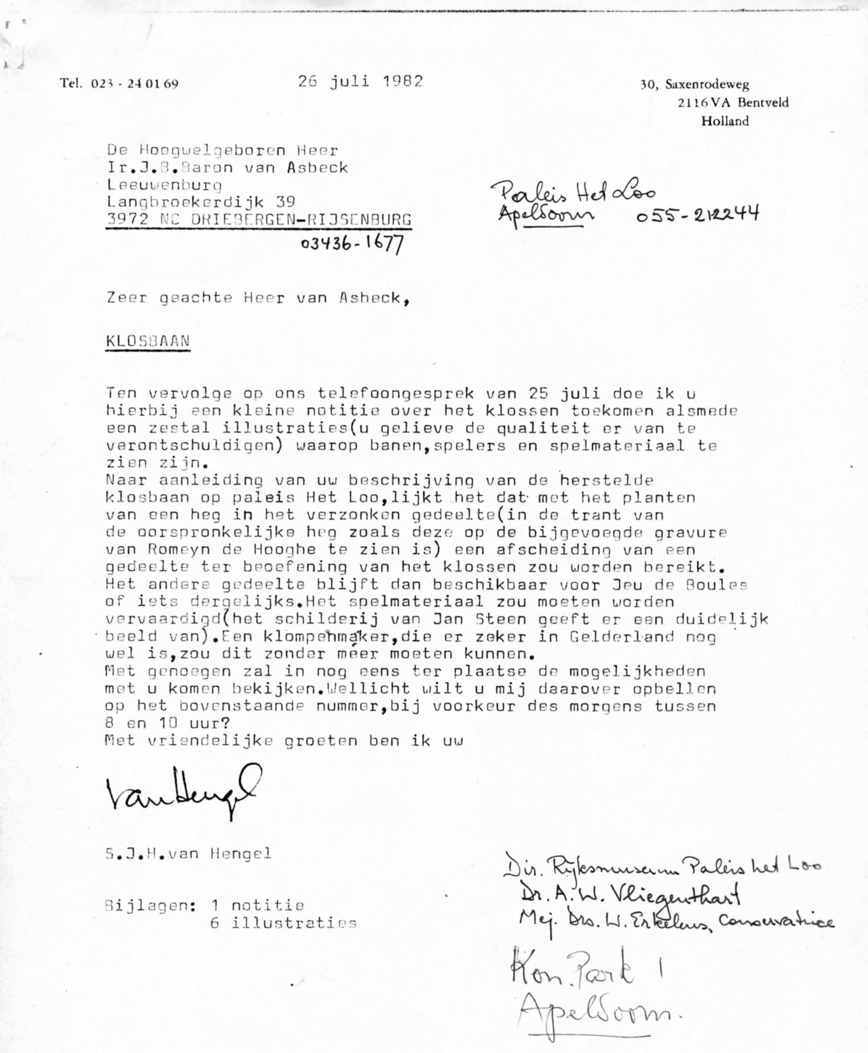 Correspondentie, Steven J.H. van Hengel met J.B. Baron van Asbeck, Paleis Het Loo, Klossen, Klosbaan, English Bowling Association. 1983