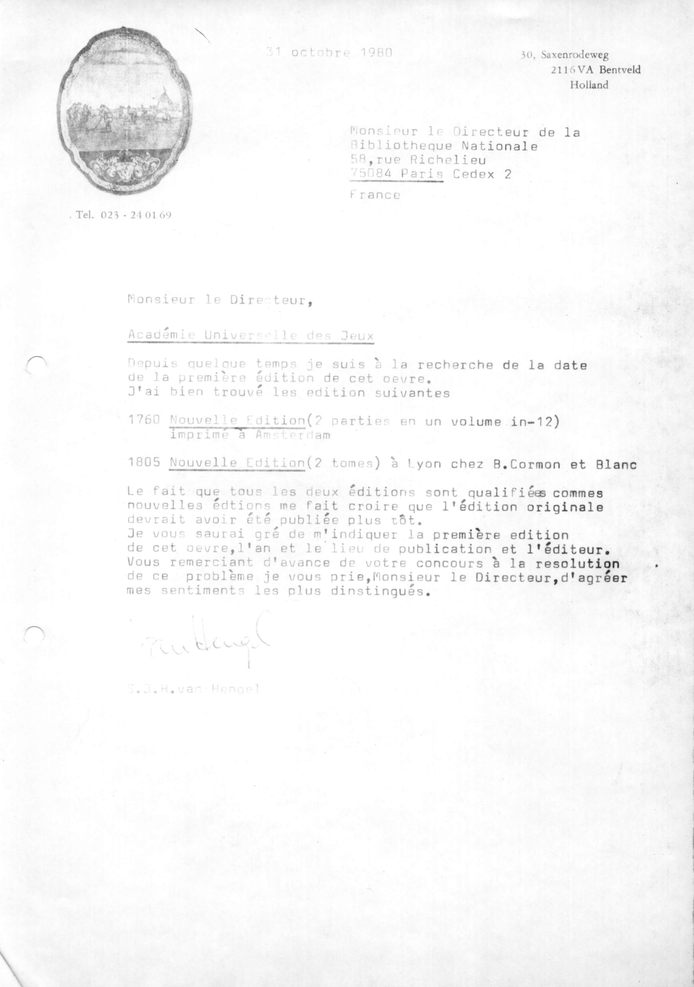 Correspondentie, Steven J.H. van Hengel met Bibliothèque Nationale, Paris. 1980-1981