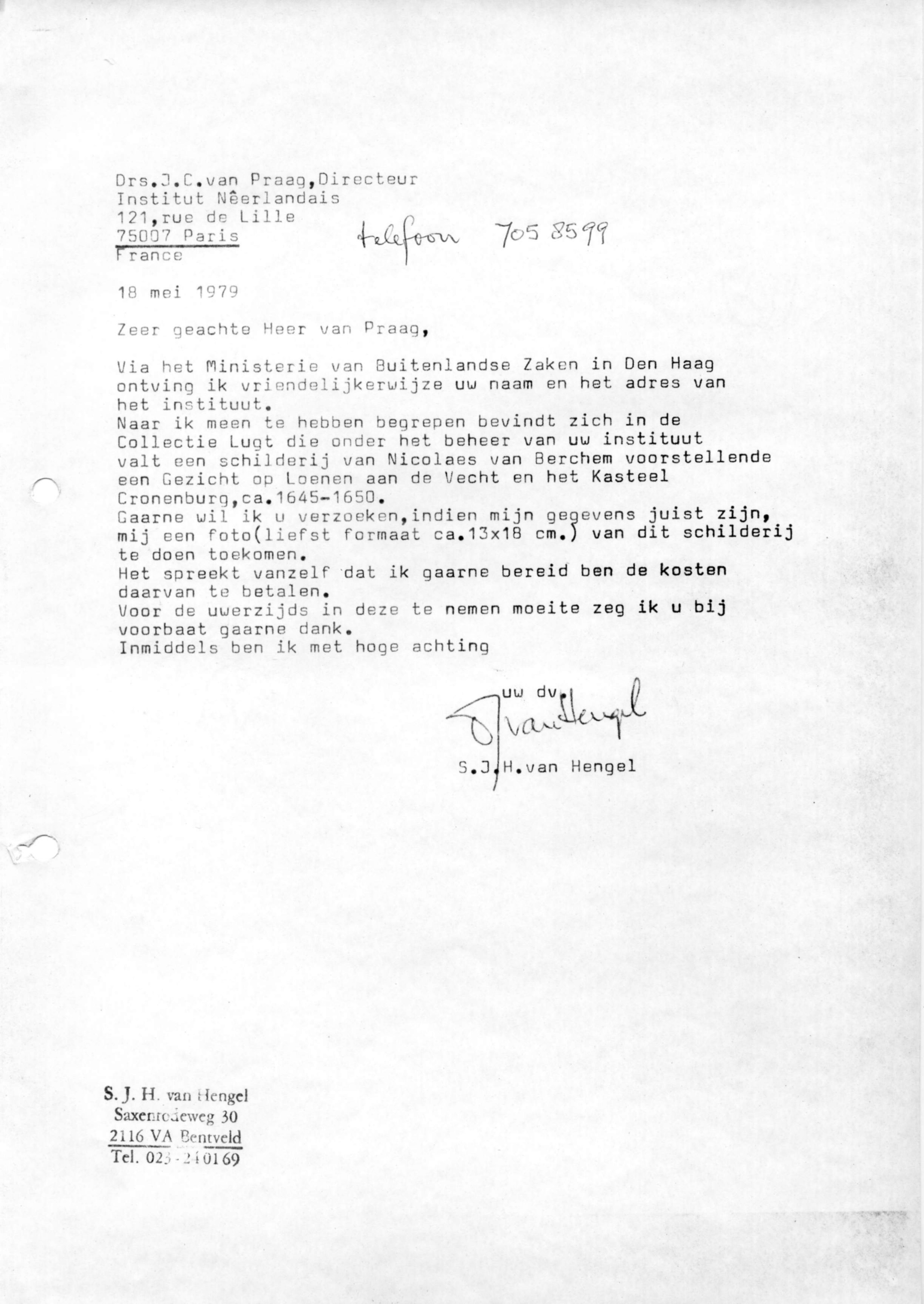 Correspondentie, Steven J.H. van Hengel aan Institut Nêerlandais, Paris. 1979-1981