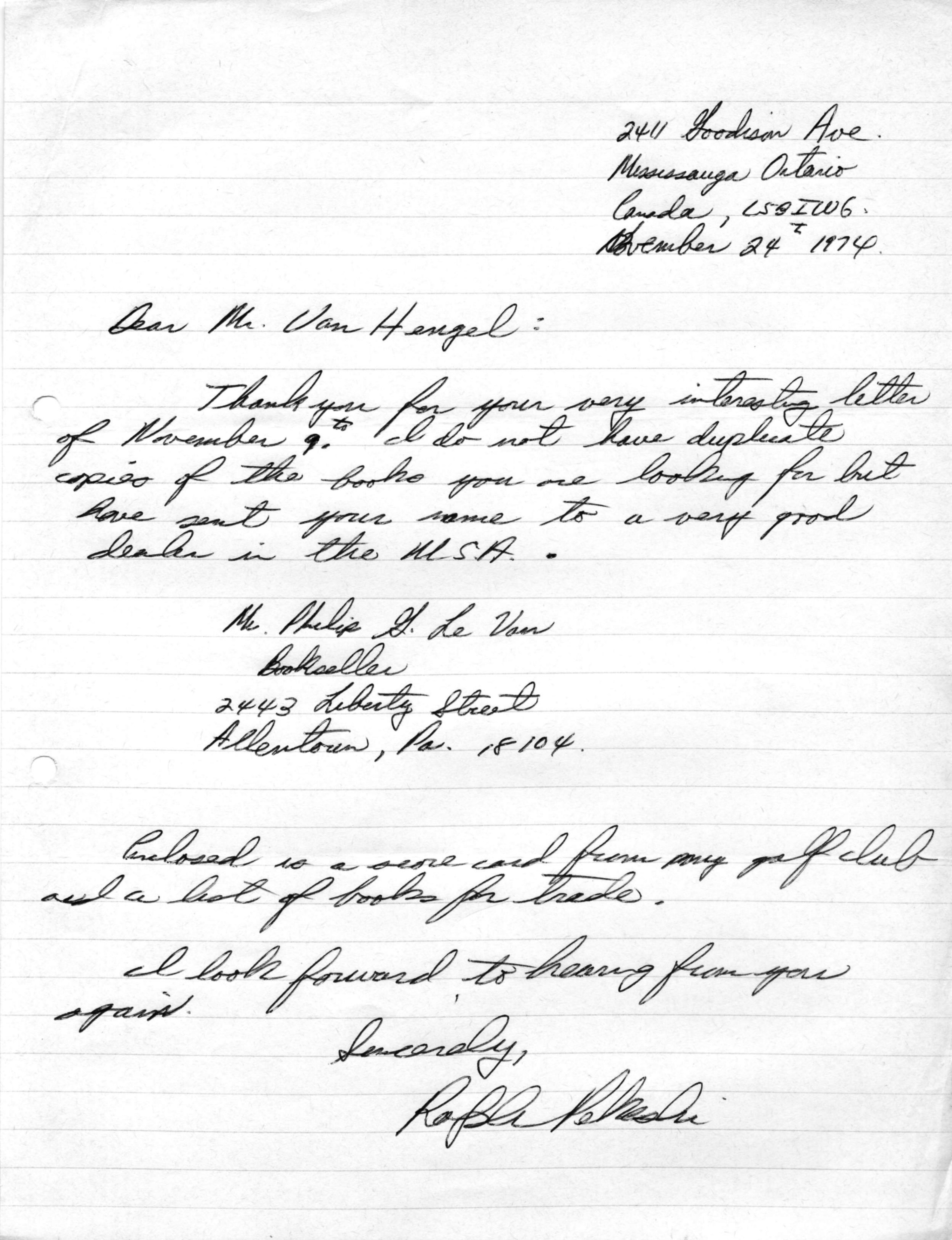 Correspondentie, Ralph Pekeski aan Steven J.H. van Hengel. 1979