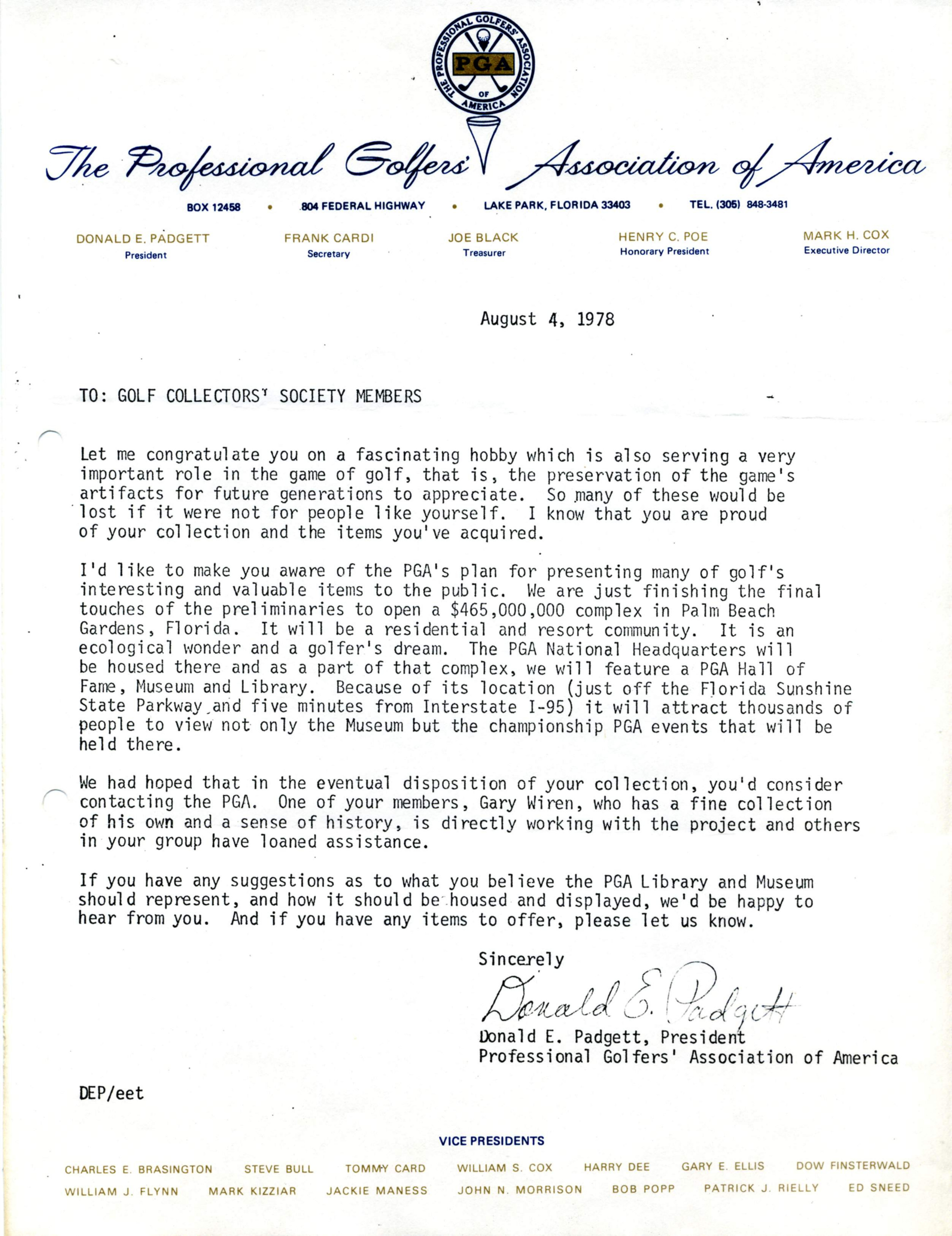 Correspondentie, Professional Golfers' Association of America aan Steven J.H. van Hengel, Golf Collectors' Society. 1978-1979