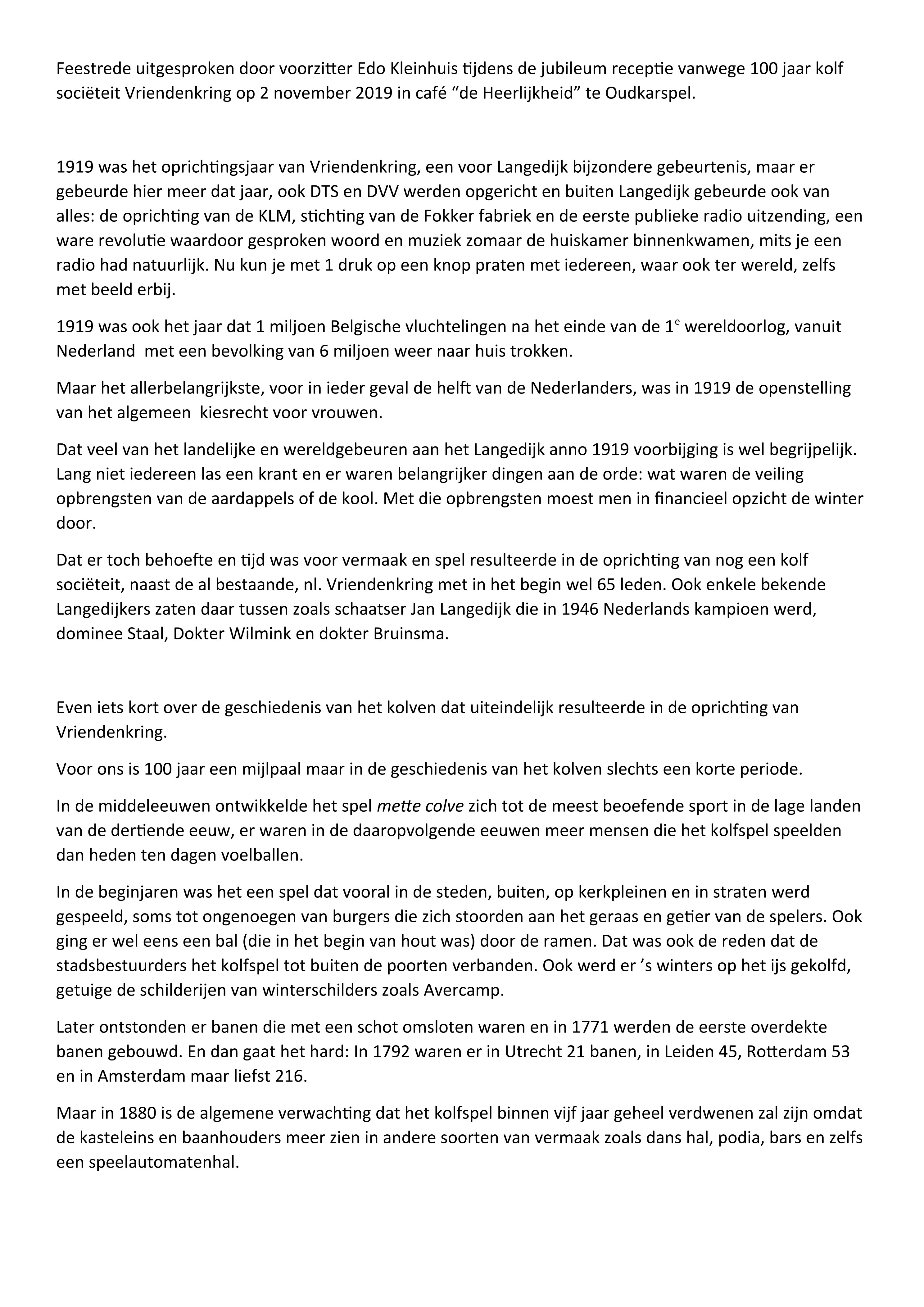 Vriendenkring, Noord-Scharwoude, Feestrede 100-jarig bestaan, Edo Kleinhuis, De Heerlijkheid, Oud-Karspel. 2019