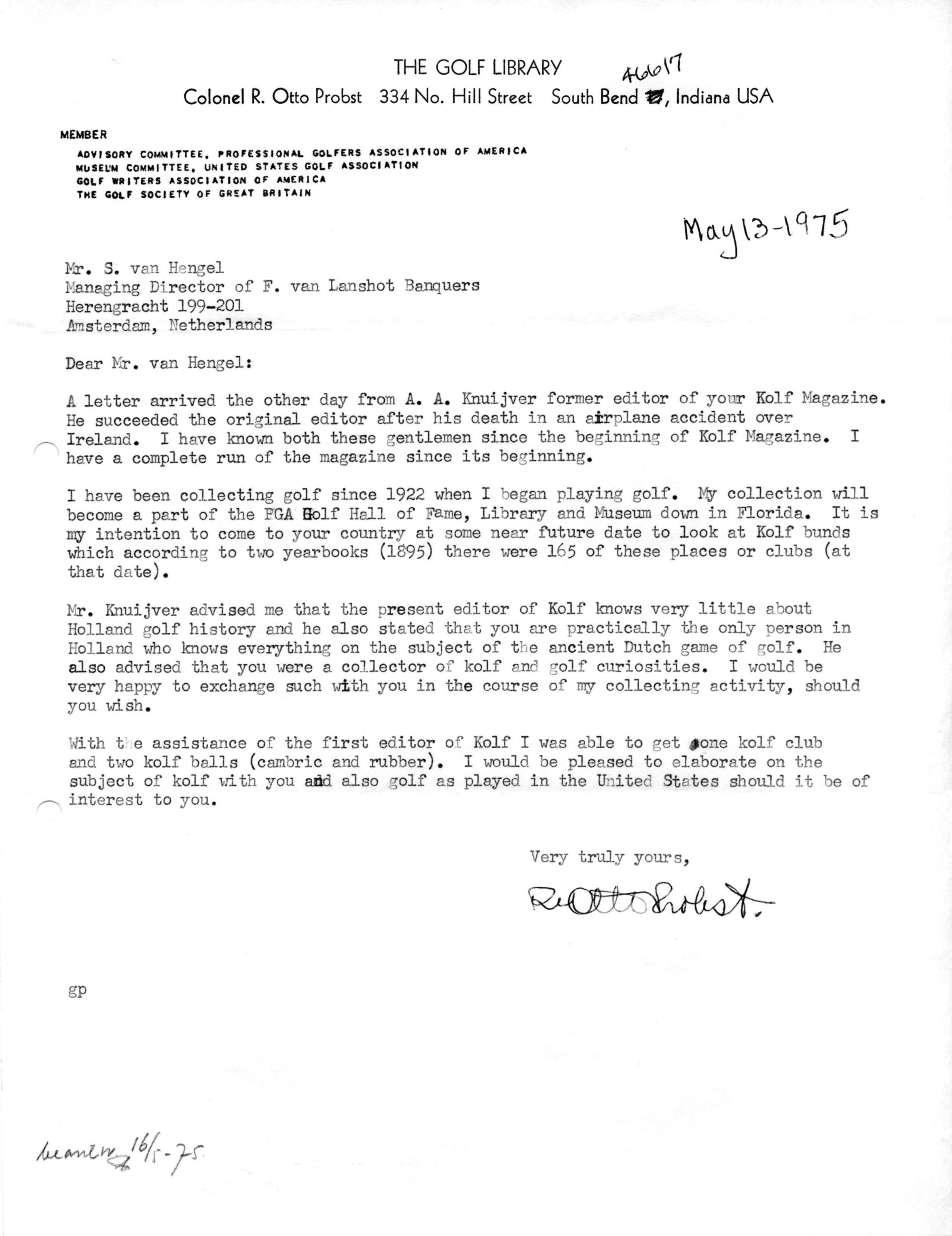 Correspondentie, Steven J.H. van Hengel met R. Otto Probst. 1975