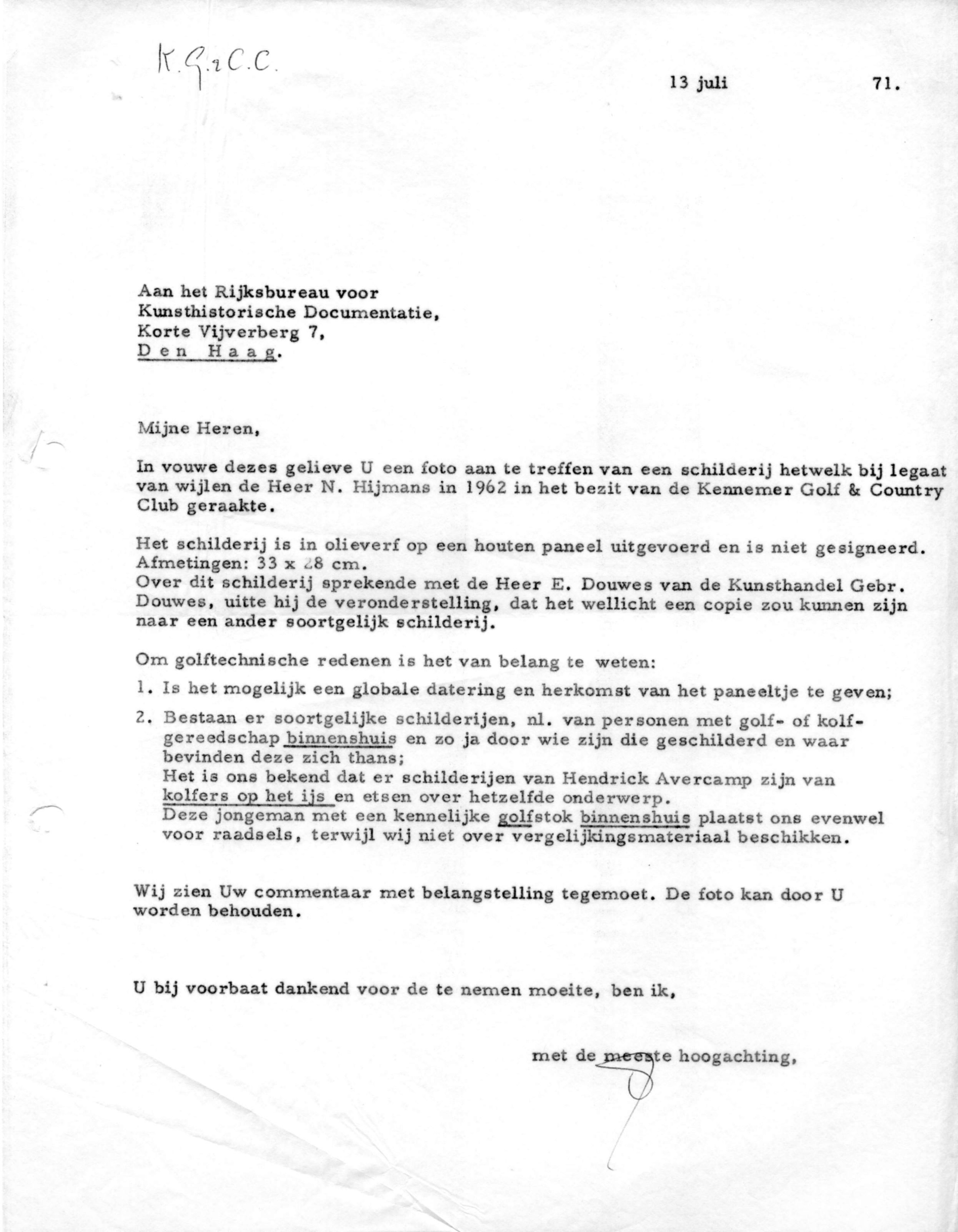 Correspondentie, Steven J.H. van Hengel met Rijksbureau voor Kunsthistorische Documentatie, Kennemer Golf & Country Club. 1971-1980