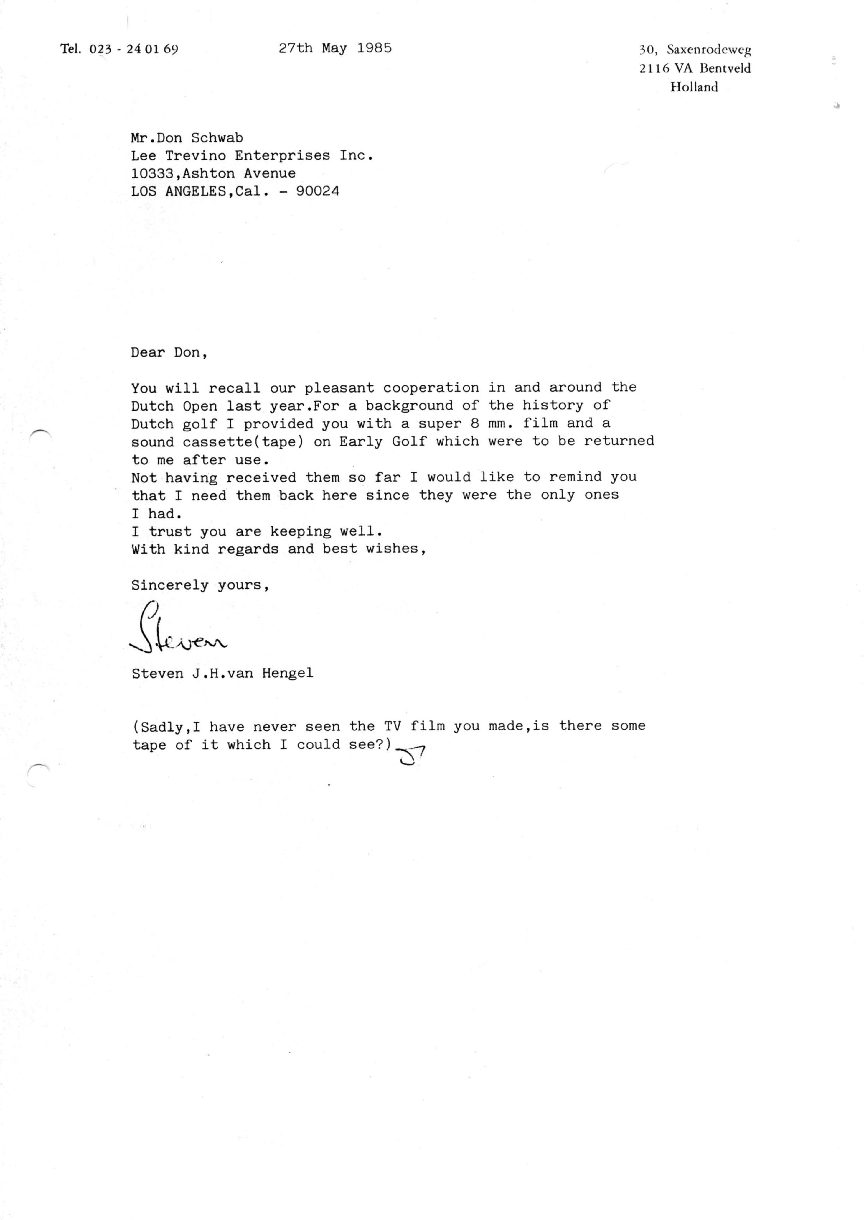 Correspondentie, Steven J.H. van Hengel aan Don Schwab. 1985