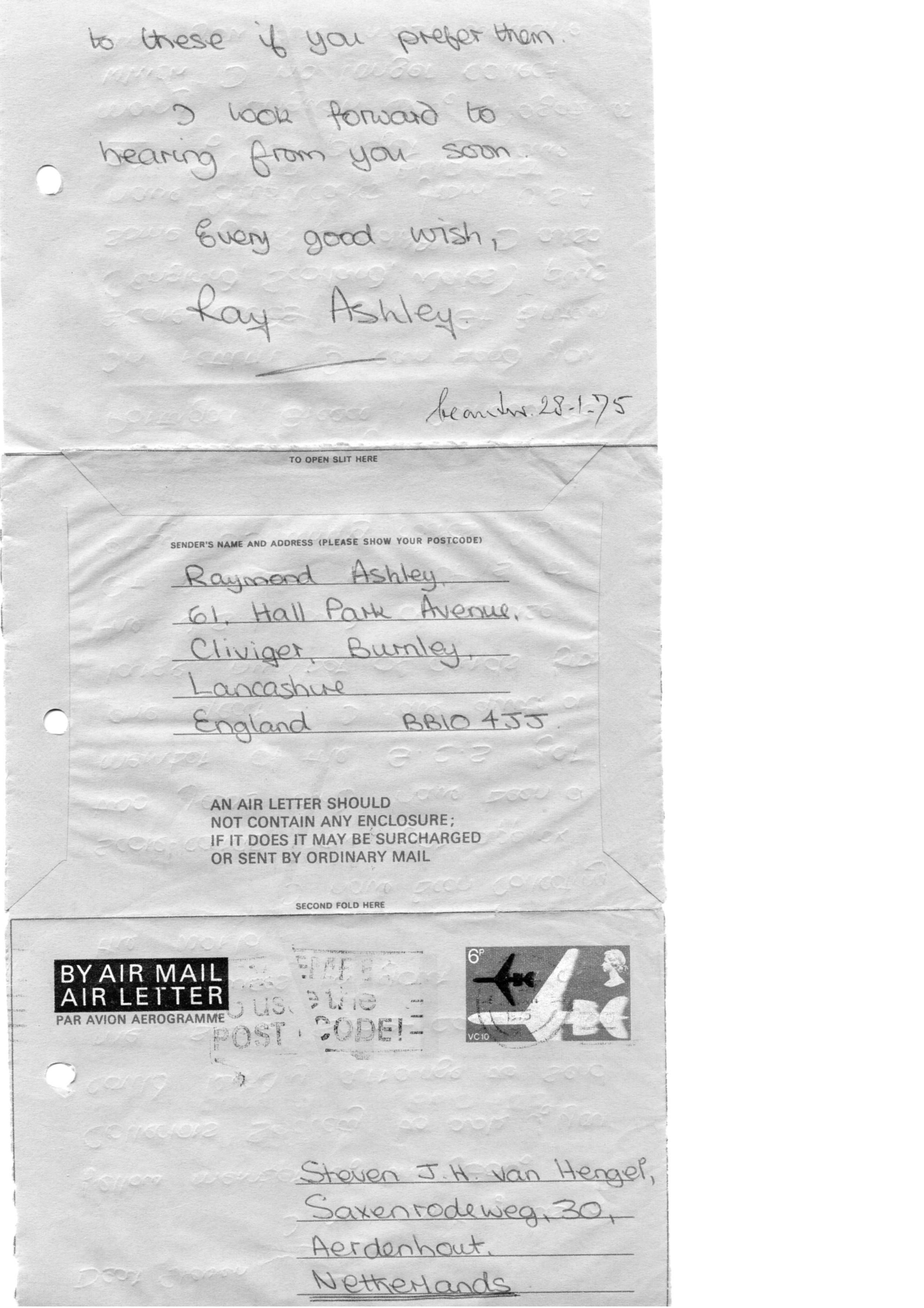 Correspondentie, Raymond Ashley aan Steven J.H. van Hengel, score cards. 1975