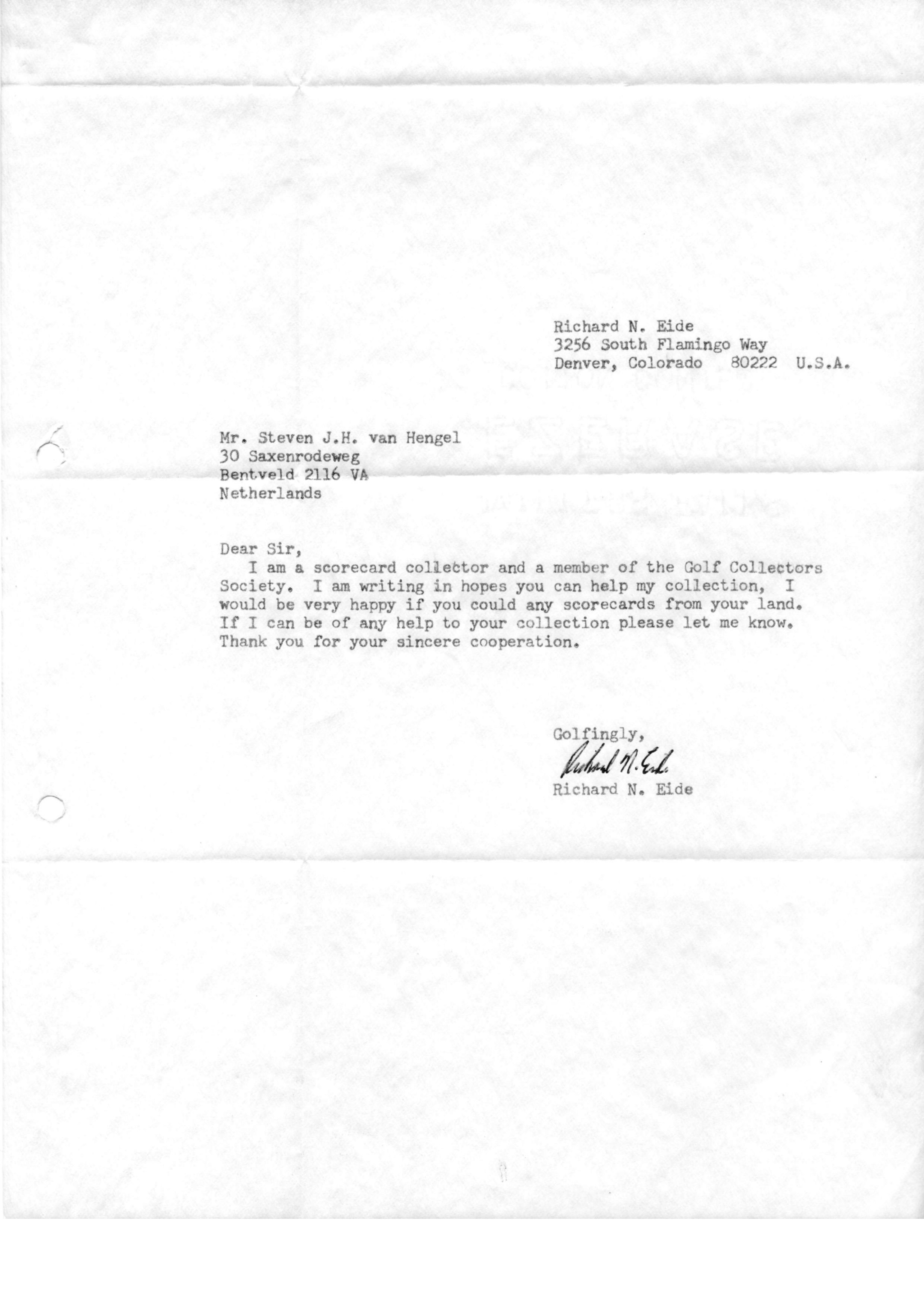 Correspondentie, Richard N. Eide aan Steven J.H. van Hengel, score cards