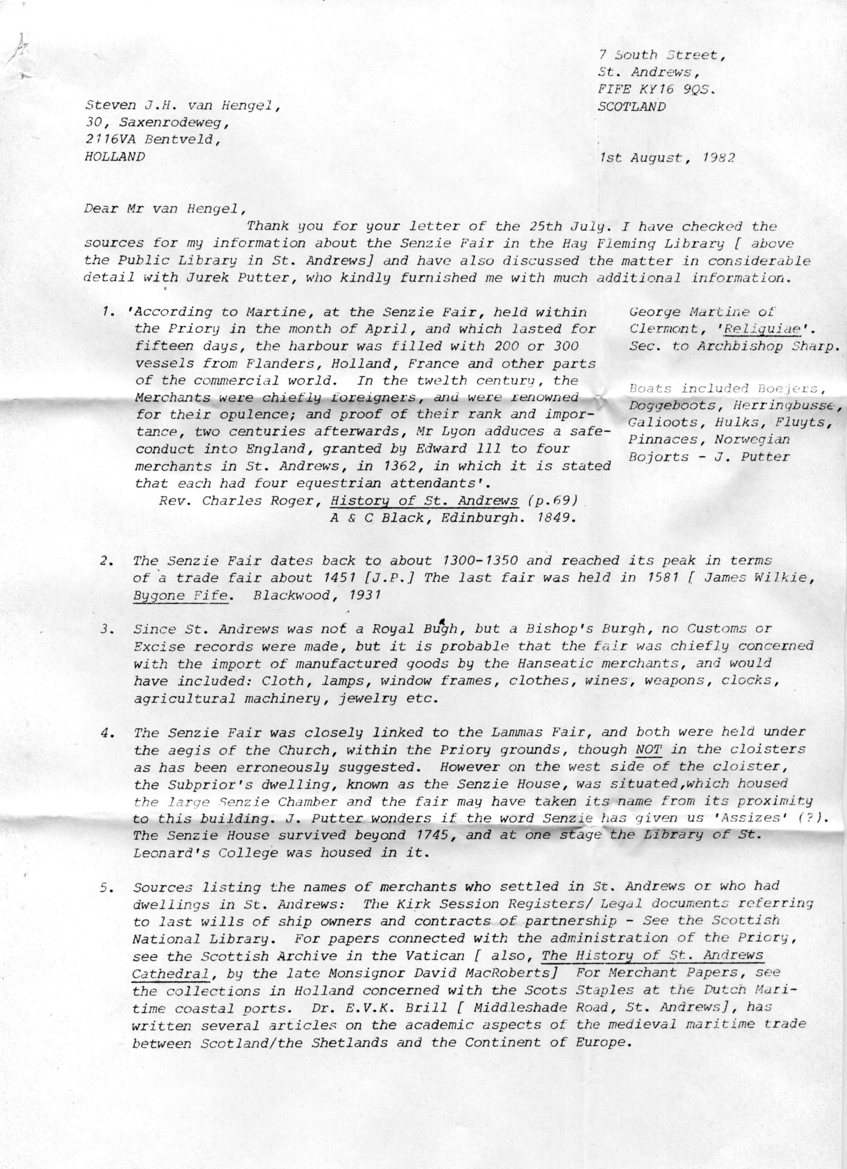 Correspondentie, Steven J.H. van Hengel over Senzie Fair, St. Andrews. 1982