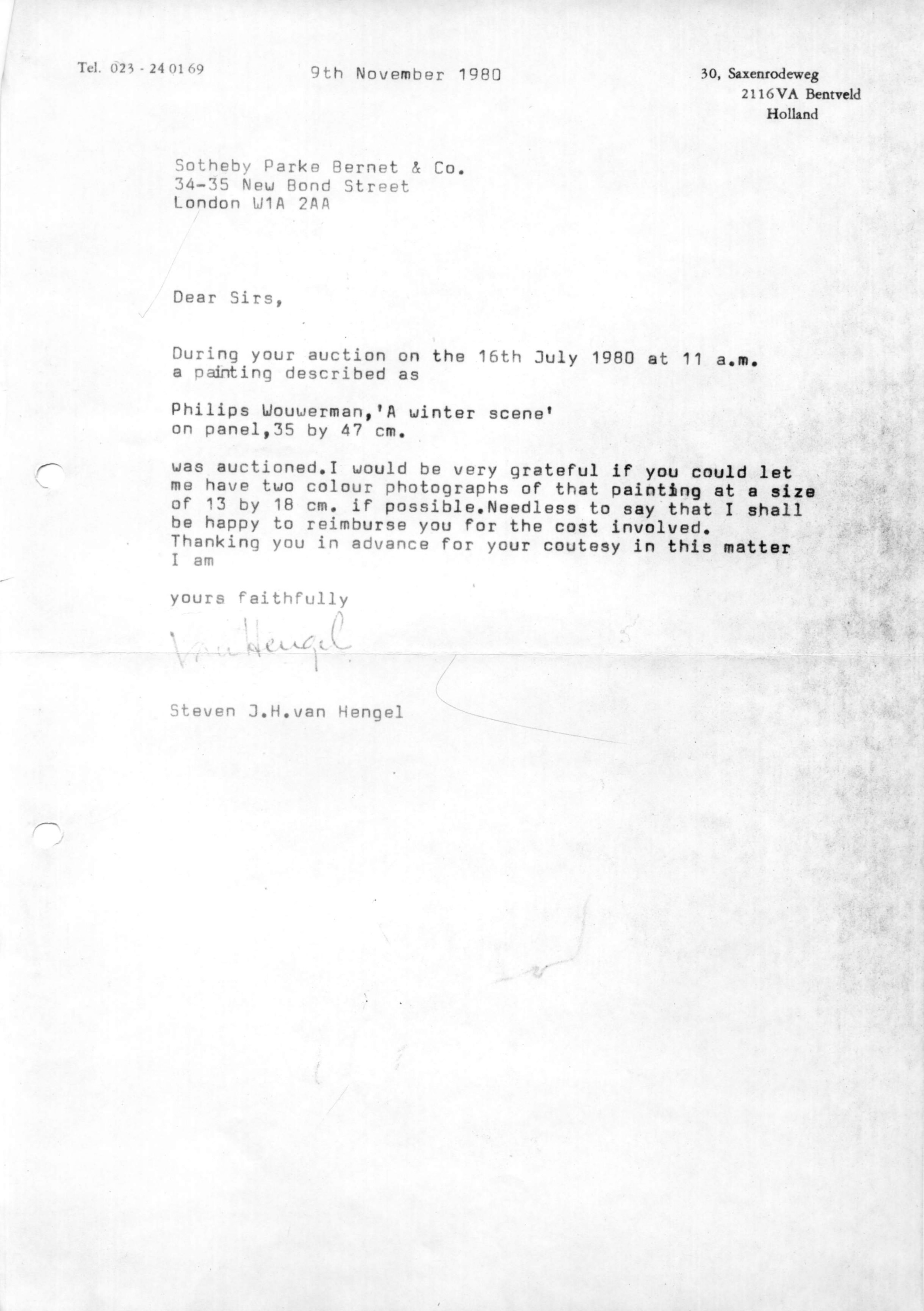 Correspondentie, Steven J.H. van Hengel met Sotheby's, Philips Wouwerman. 1980-1981