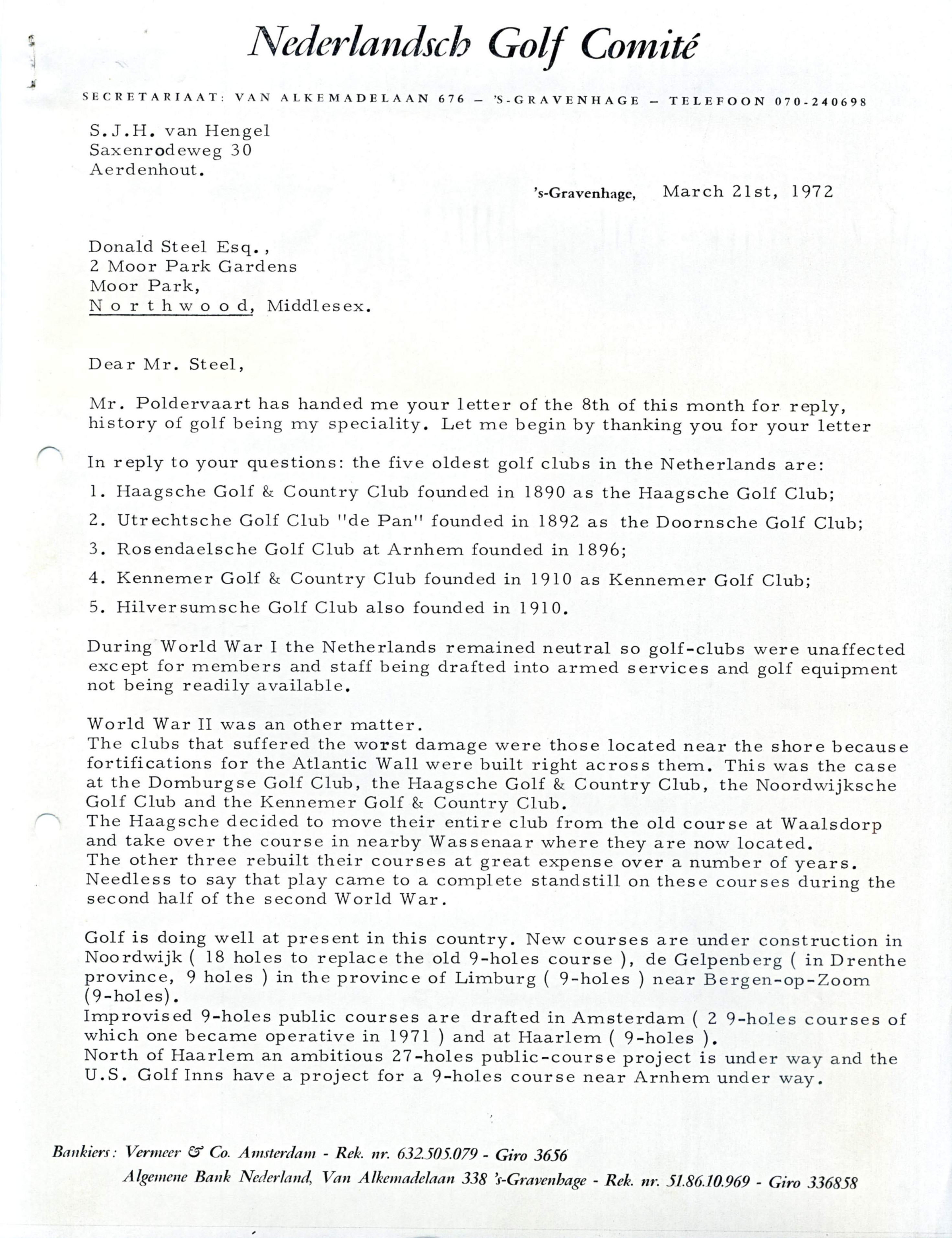 Correspondentie, Steven J.H. van Hengel, Nederlands Golf Comité met Rainbird Reference Books, Donald Steel. 1972