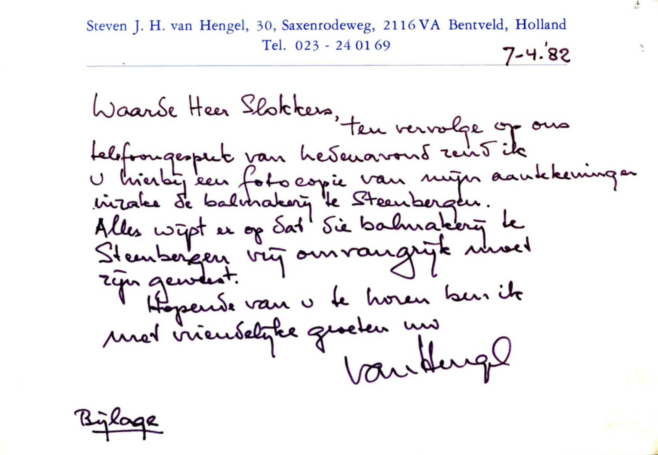 Correspondentie, Steven J.H. van Hengel met Archief Steenbergen, Ballenfabricage. 1981-1985