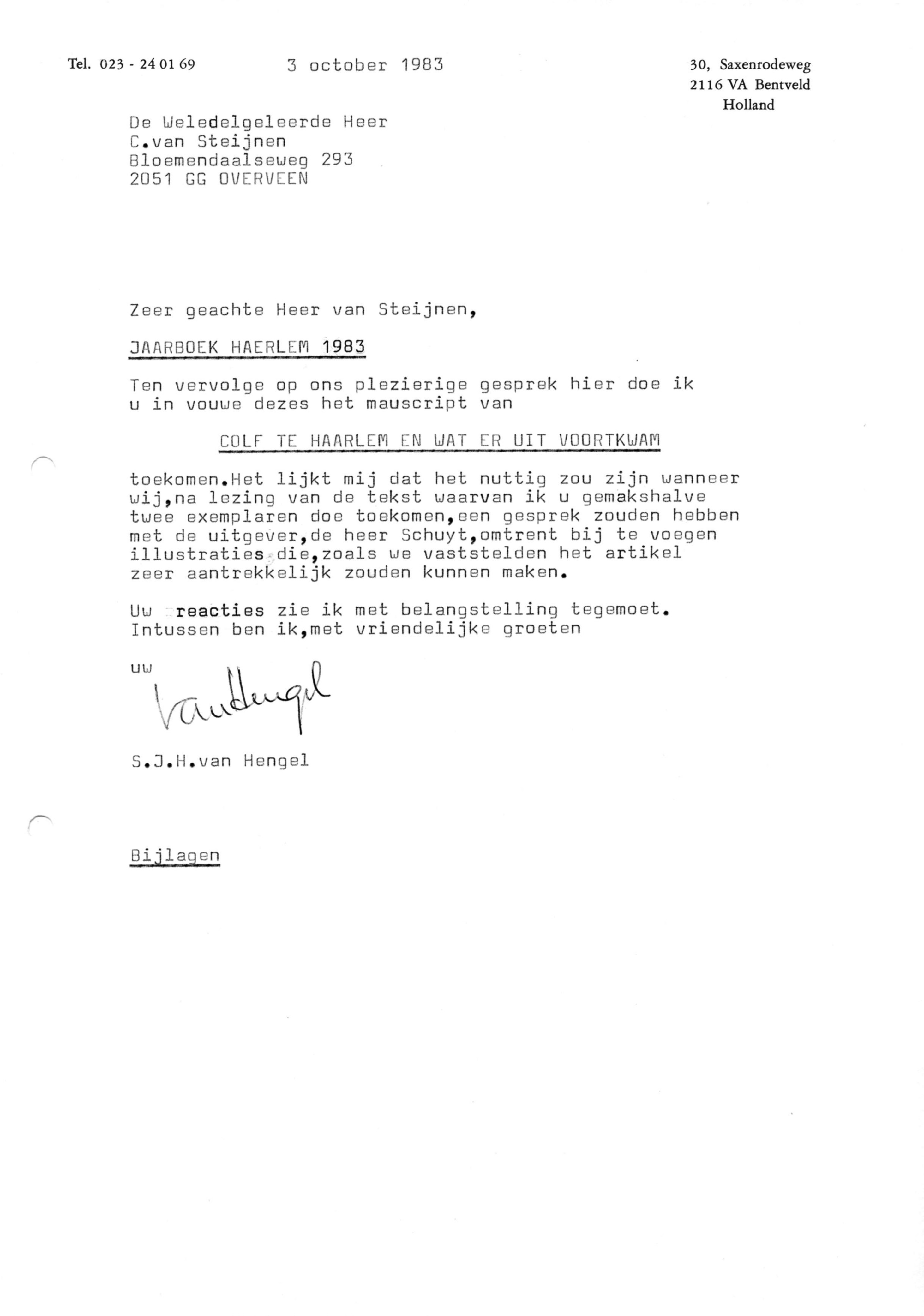 Correspondentie, Steven J.H. van Hengel aan Jaarboek Haarlem, Colf te Haarlem en wat er uit voortkwam. 1983