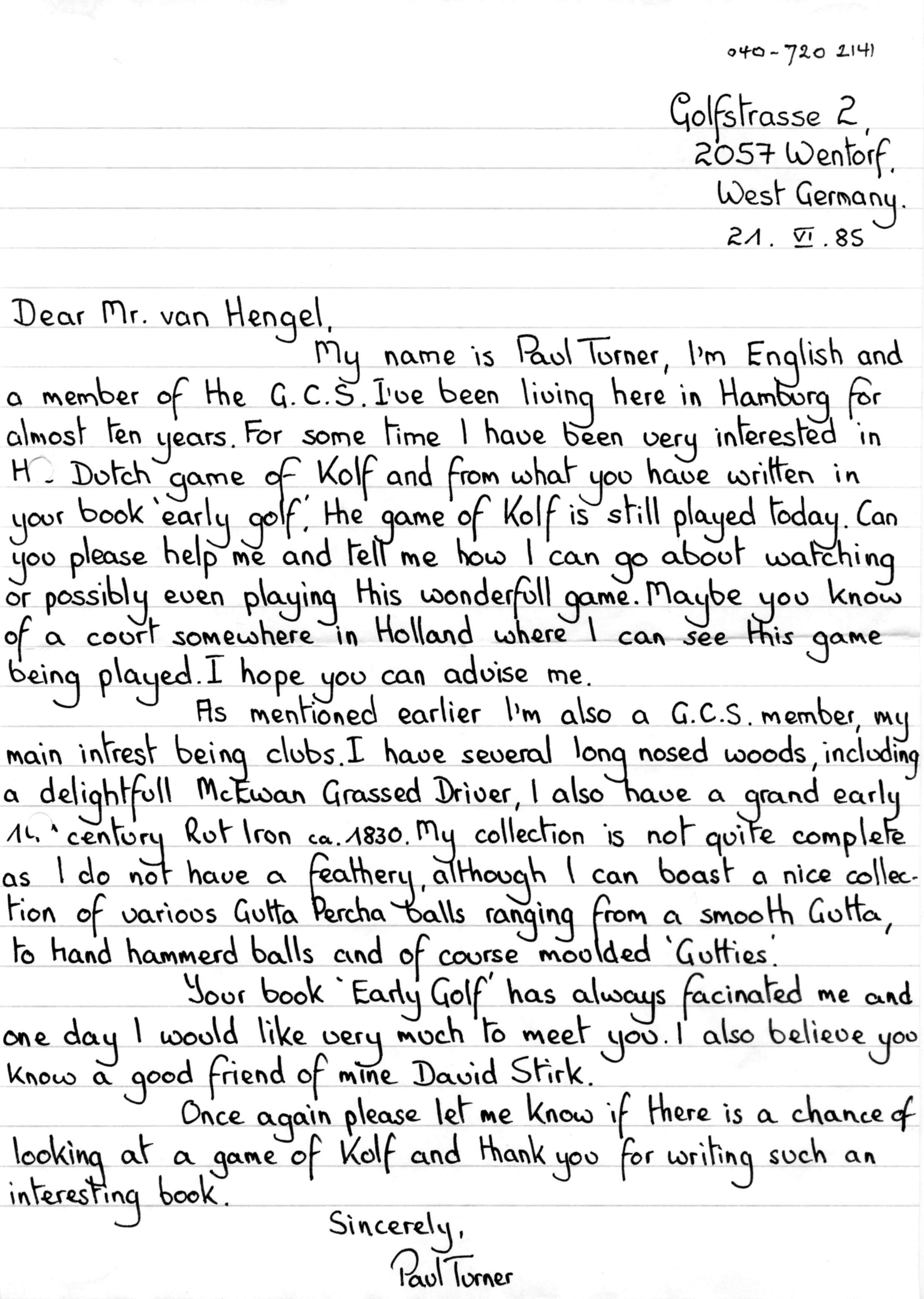 Correspondentie, Steven J.H. van Hengel met Paul Turner. 1985