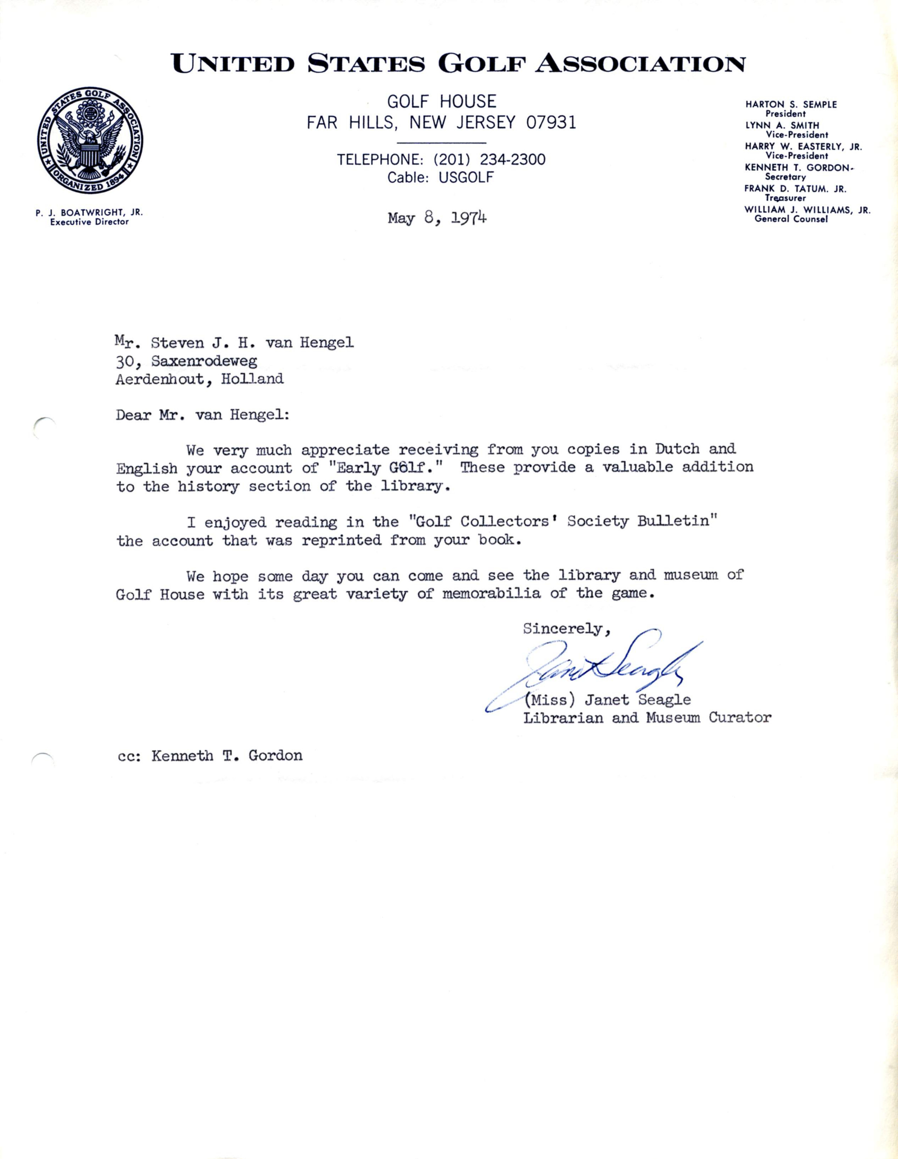 Correspondentie, Steven J.H. van Hengel met United States Golf Association (USGA). 1974-1984