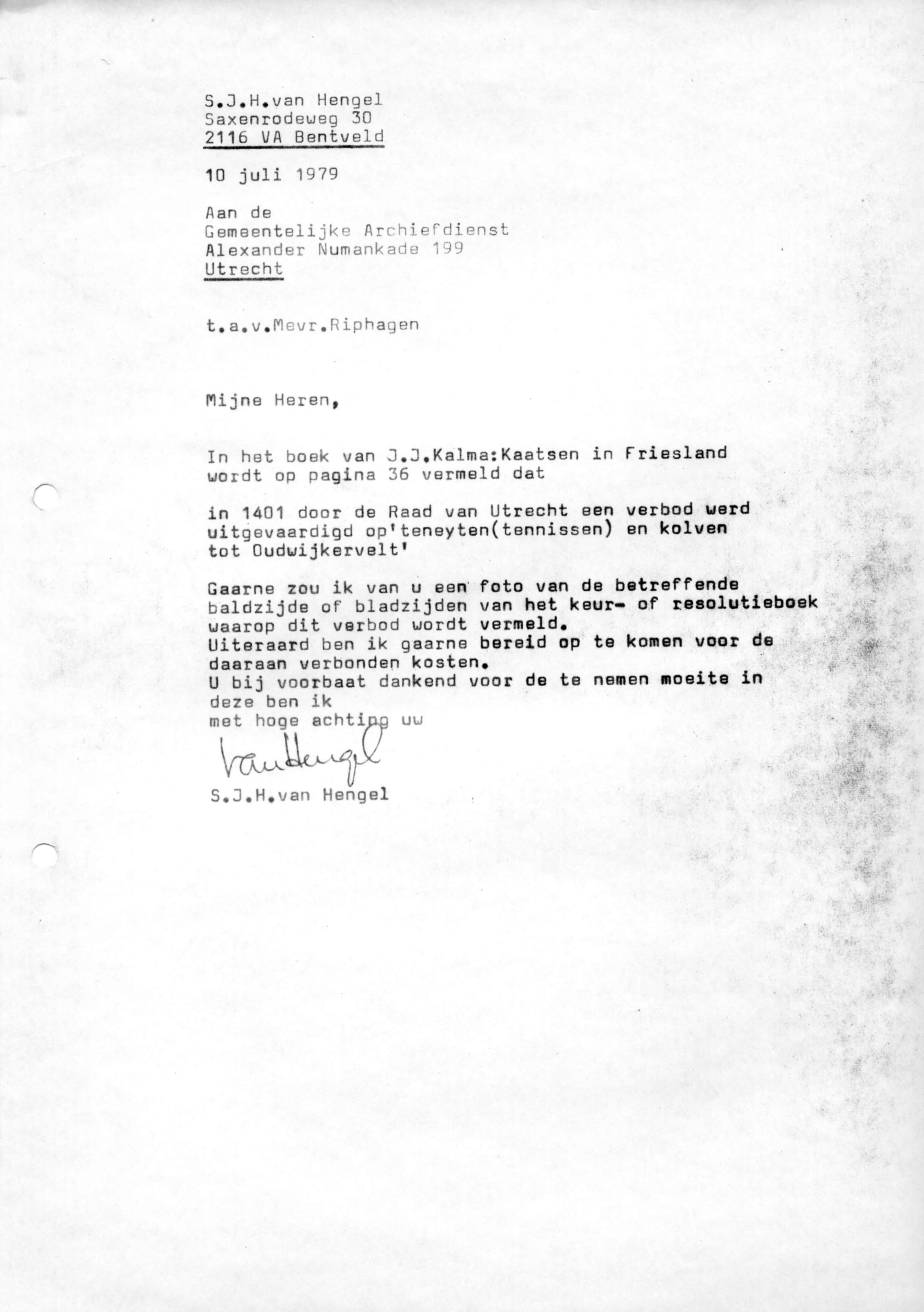 Correspondentie, Steven J.H. van Hengel met Archief Utrecht, Buurspraakboek 1401. 1979-1983