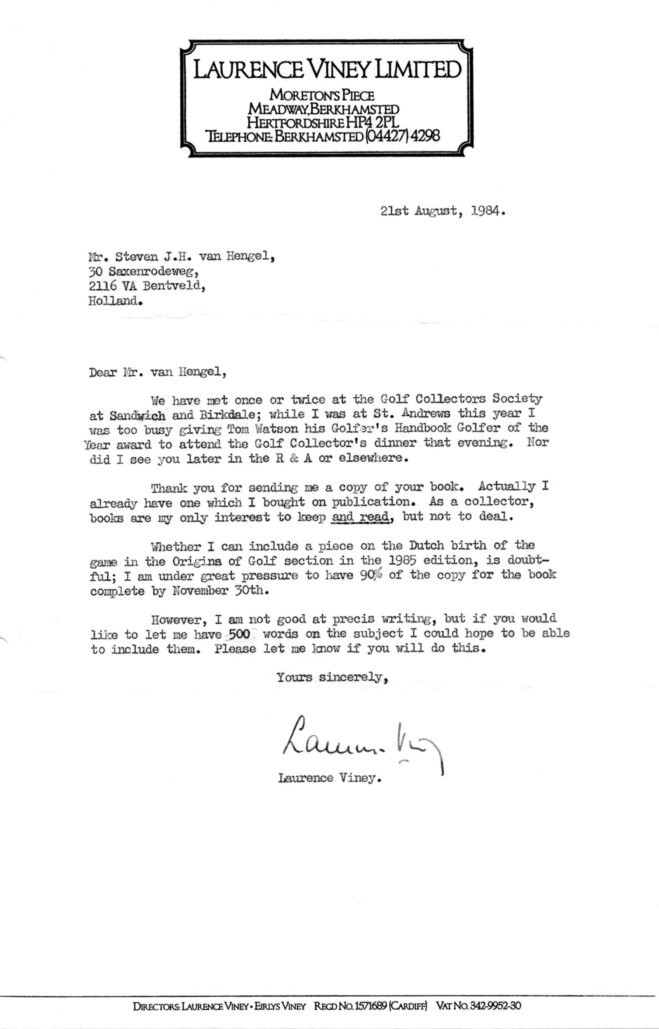 Correspondentie, Steven J.H. van Hengel met Laurence Viney, Origin of Golf. 1984