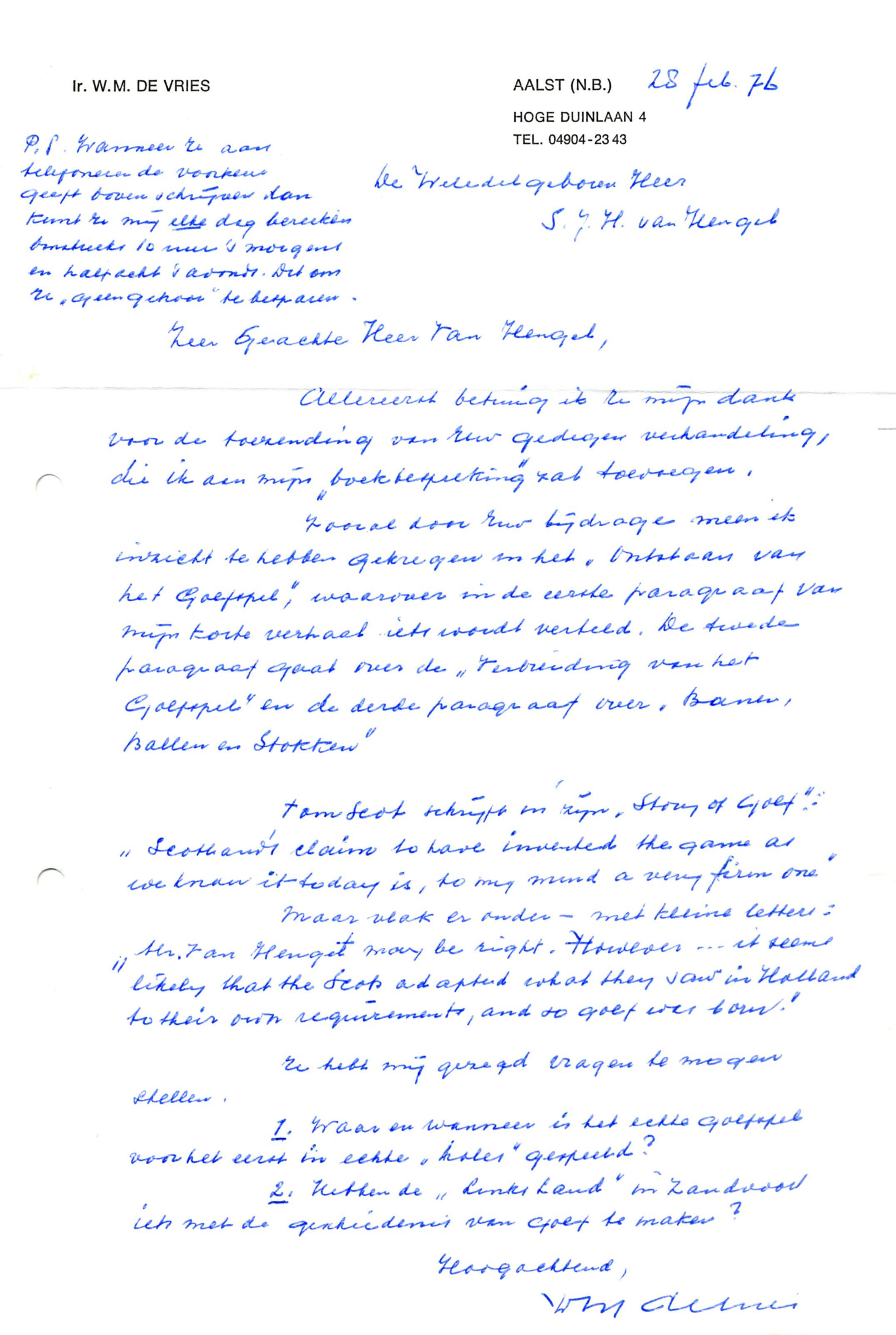 Correspondentie, W.M. de Vries aan Steven J.H. van Hengel. 1976-1978