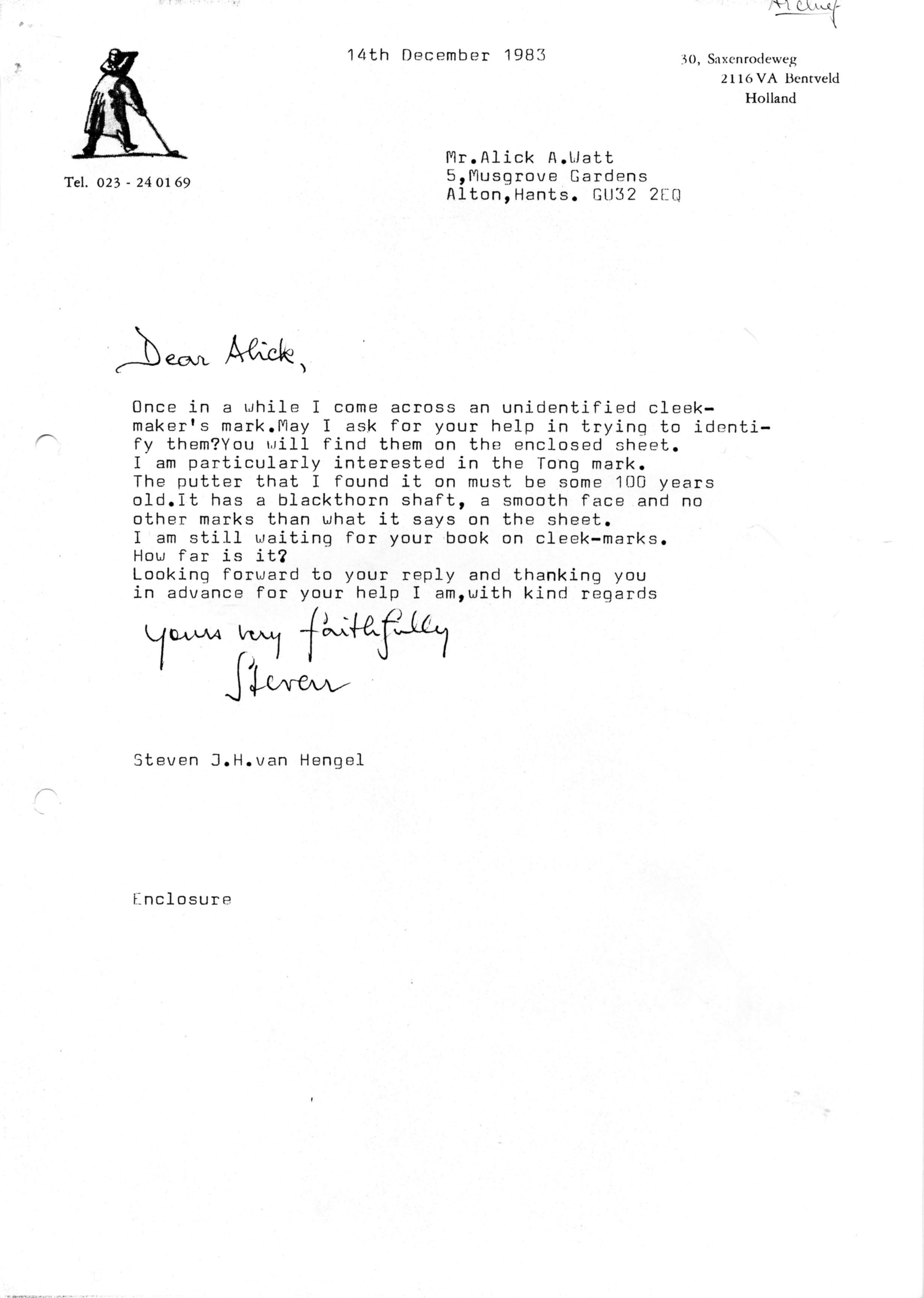 Correspondentie, Steven J.H. van Hengel met Alick A. Watt, Cleek-marks. 1983