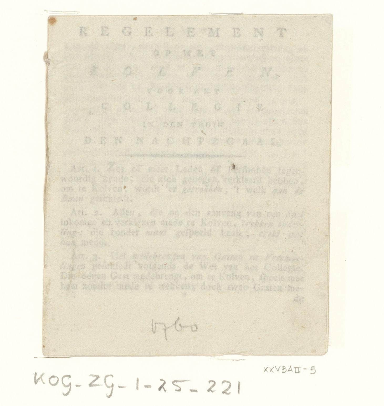 Regelement op het KOLVEN voor het collegie in den thuin van DEN NACHTEGAAL - 1760