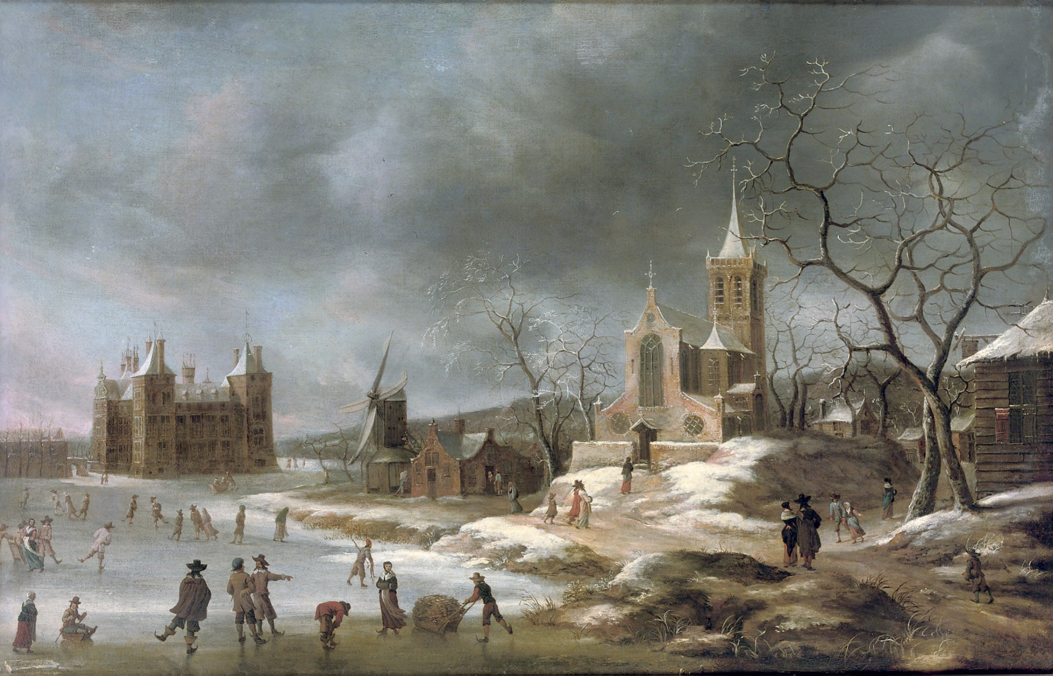 Jan Abrahamsz. van Beerstraten, Winterlandschap met activiteit op het ijs nabij kasteel Buren - 17e eeuw