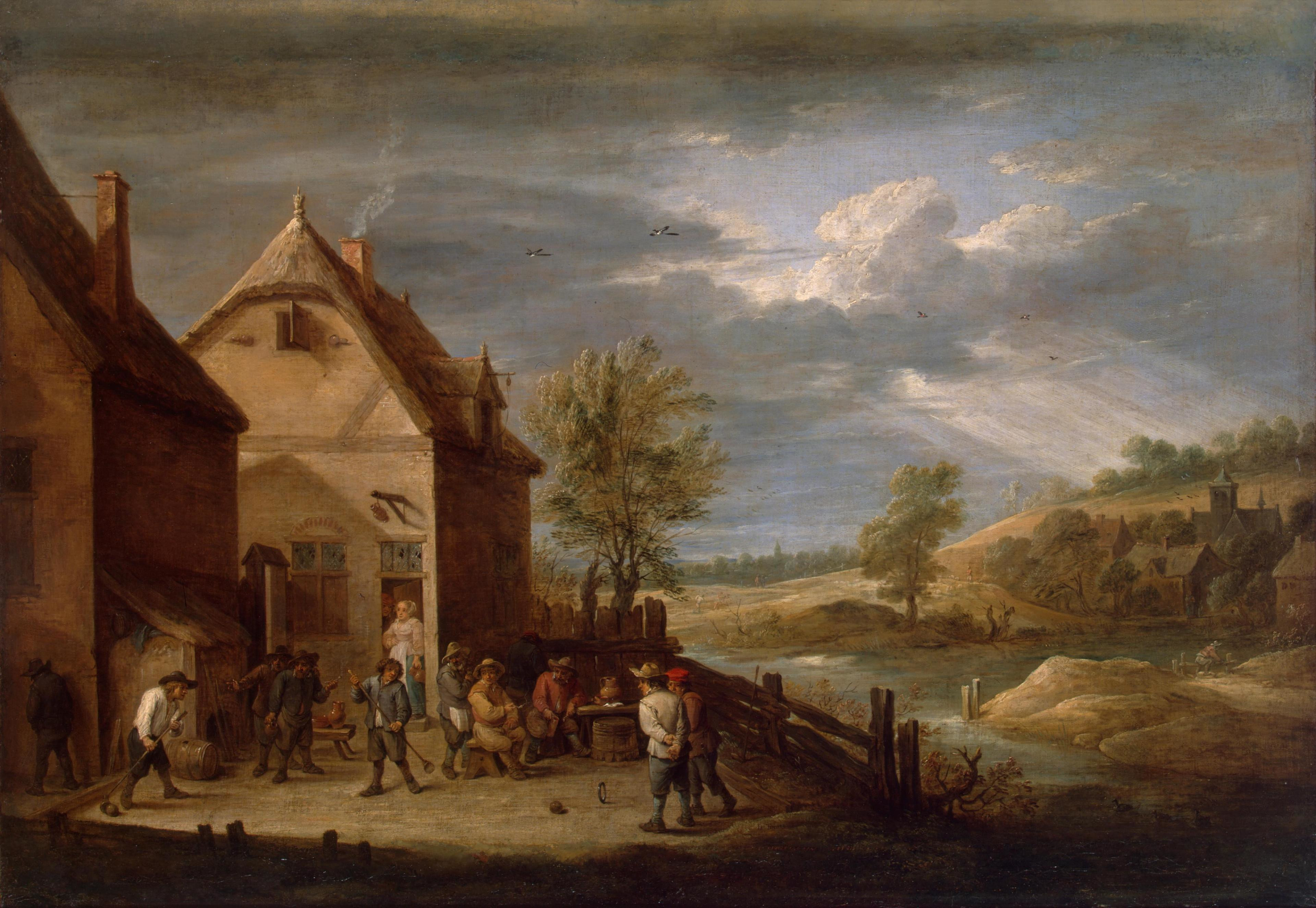 David Teniers II, Landschap met beugelende/klossende boeren - 1640