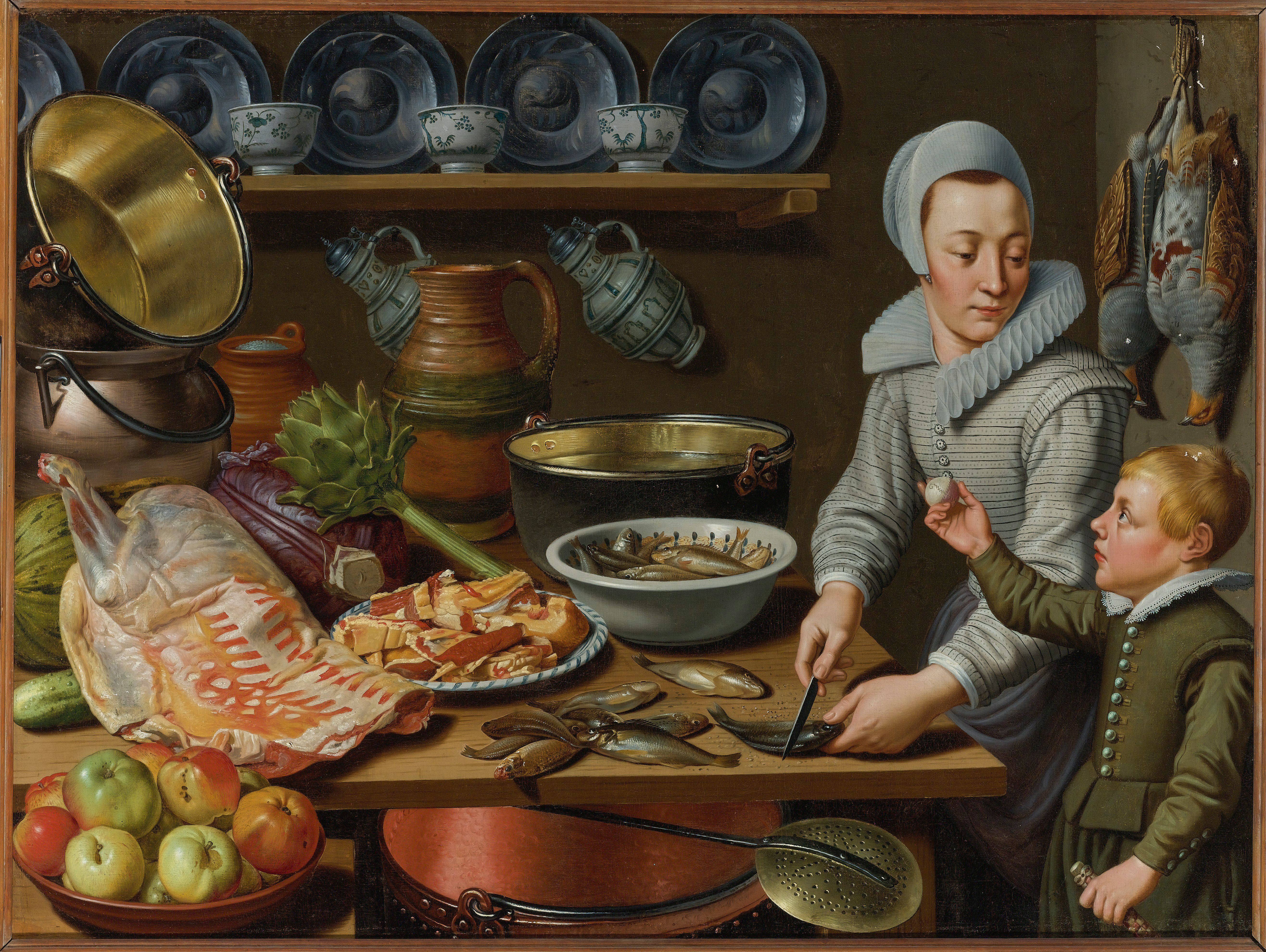 Floris van Schooten, Jonge vrouw en jongen bij een tafel met vis, vlees, groenten, porselein, aardewerk en koperen ketels - ca. 1615