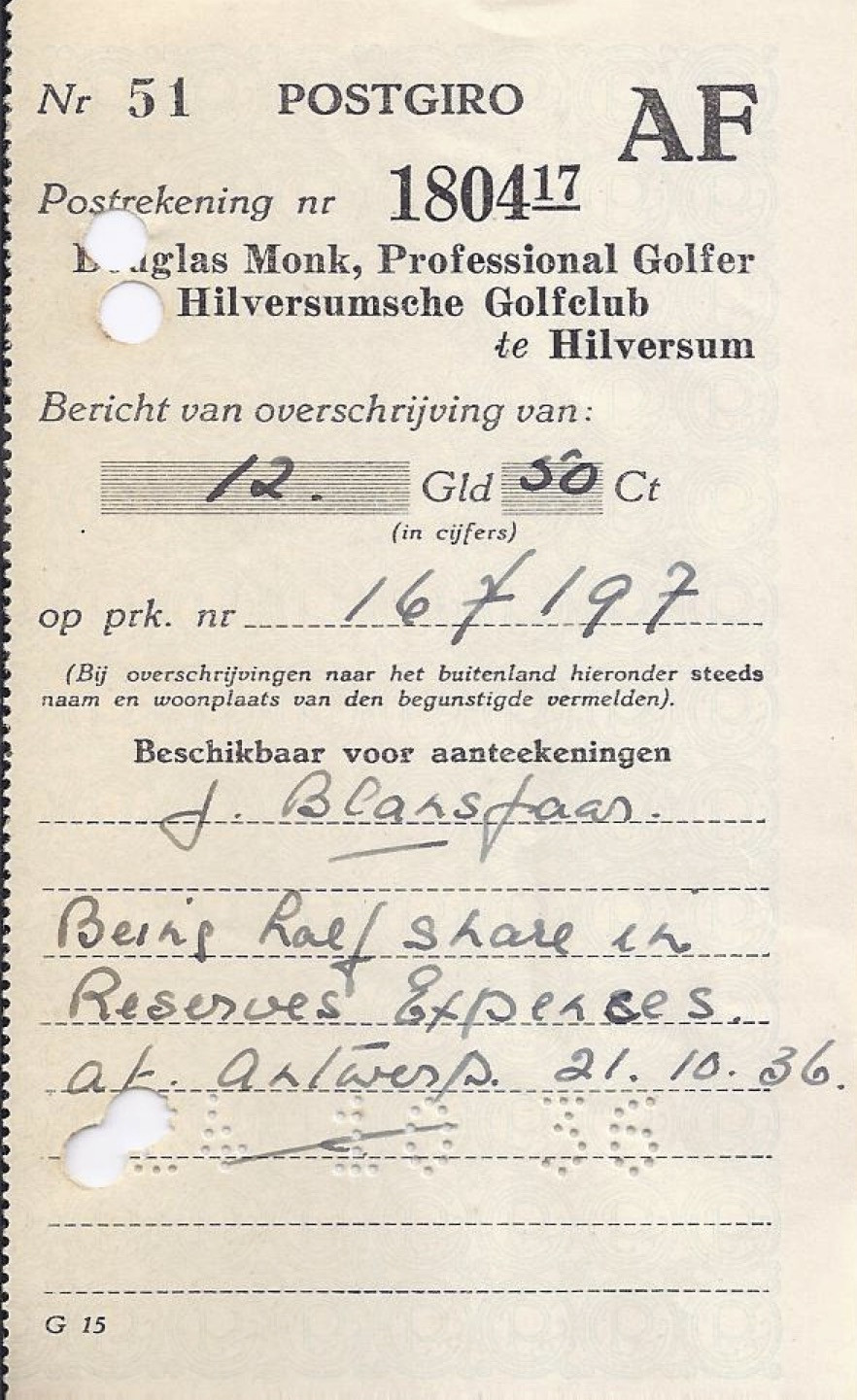 Bericht van overschrijving, van D. Monk naar J. Blansjaar, 21 oktober - 1936