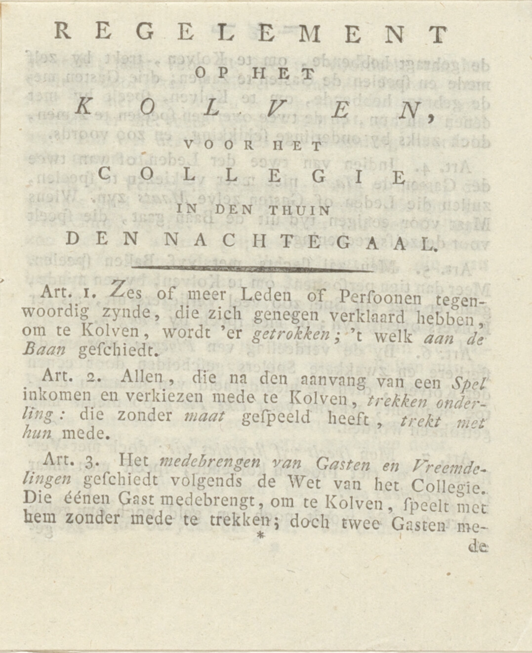 Regelement op het KOLVEN voor het collegie in den thuin van DEN NACHTEGAAL - 1760